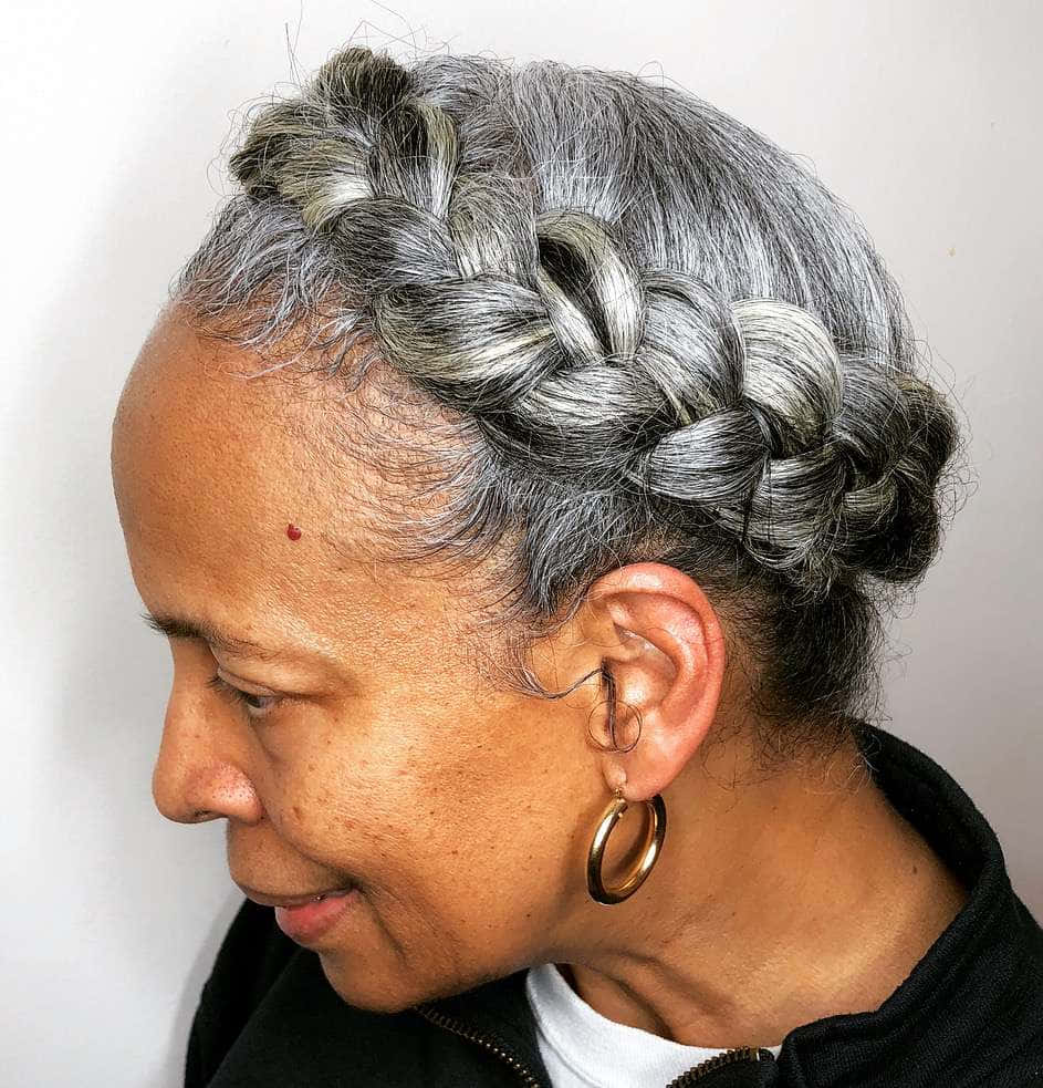 older black woman, silver-gray hair, thick braided updo, SD Phone Wallpaper