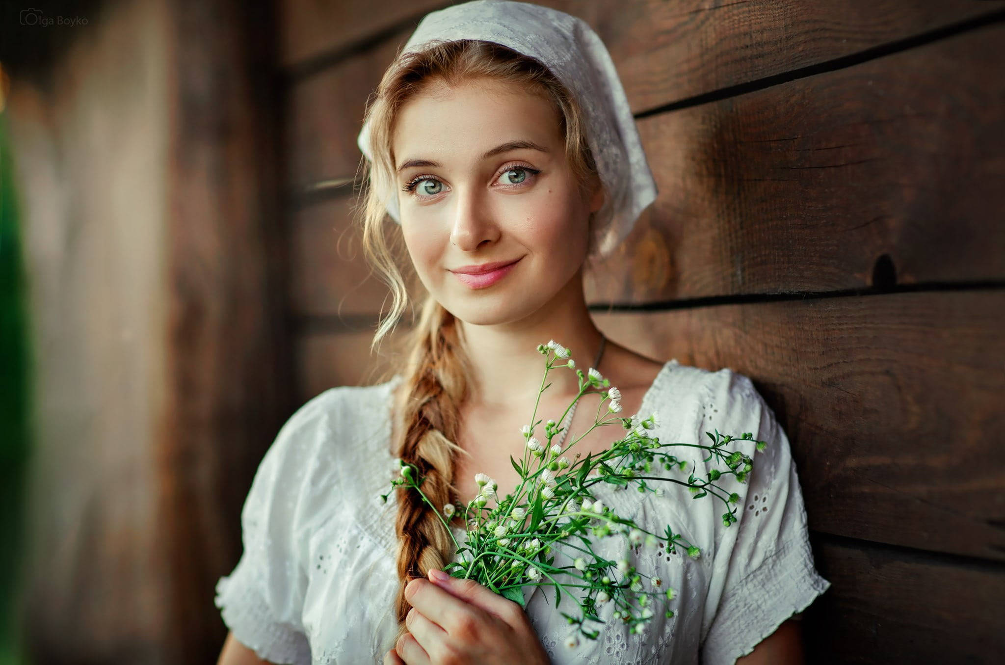 peasant with braids, baby's breath, white blouse, Full HD Desktop Wallpaper