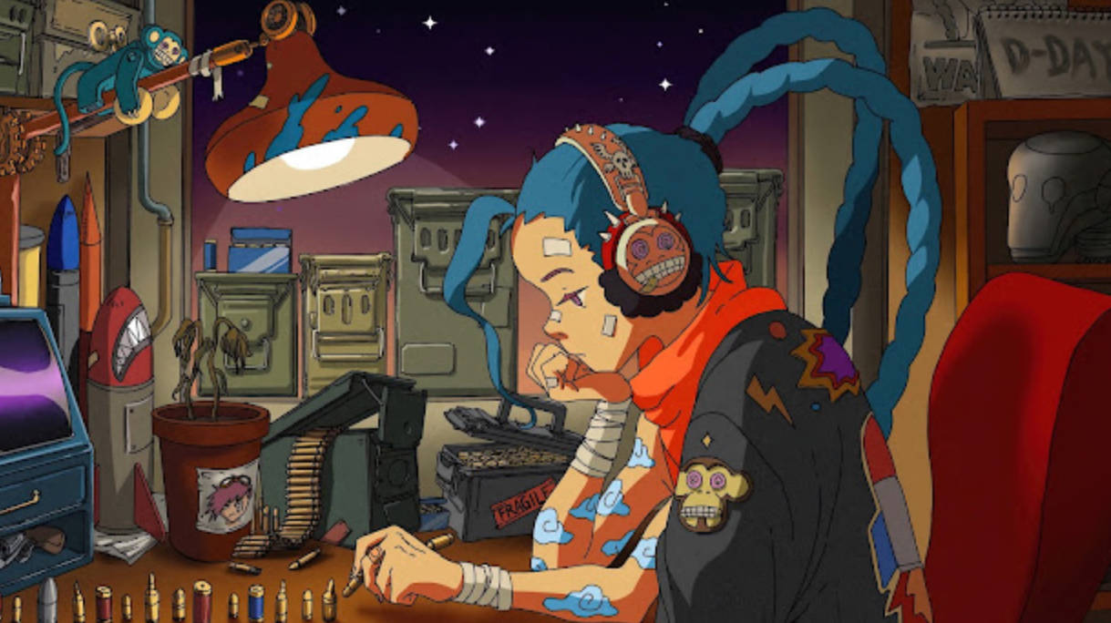 blue braided hair, anime girl, skull headphones, SD Desktop Wallpaper