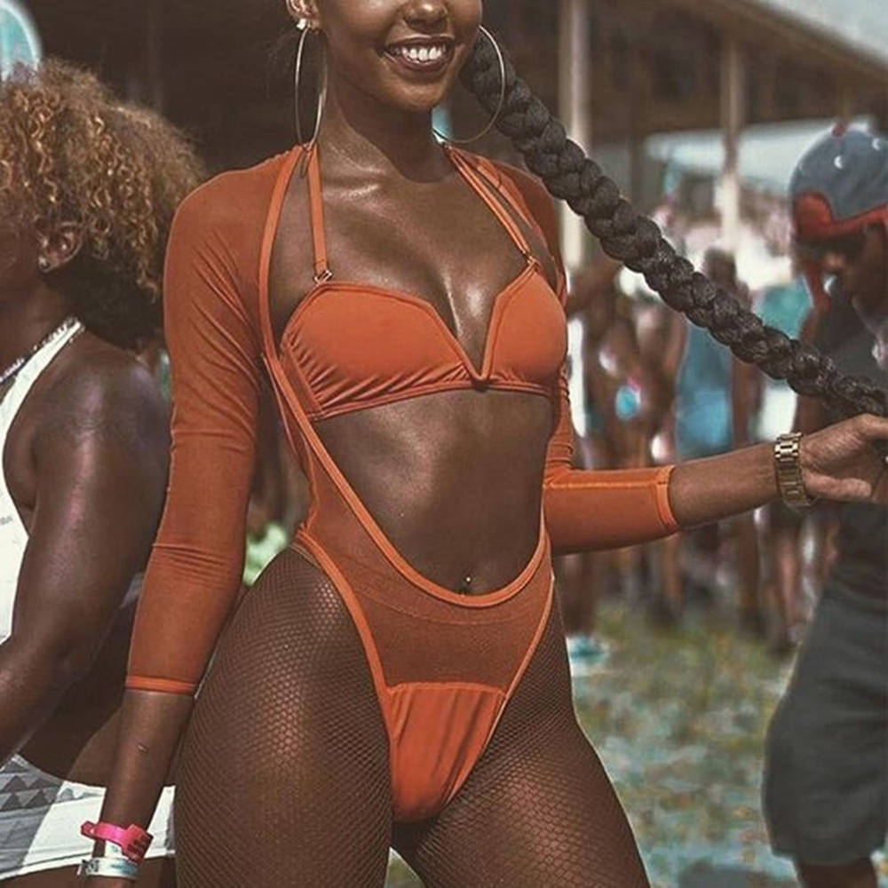 black woman, bikini braid, bold orange one-piece swimsuit, SD Desktop Wallpaper