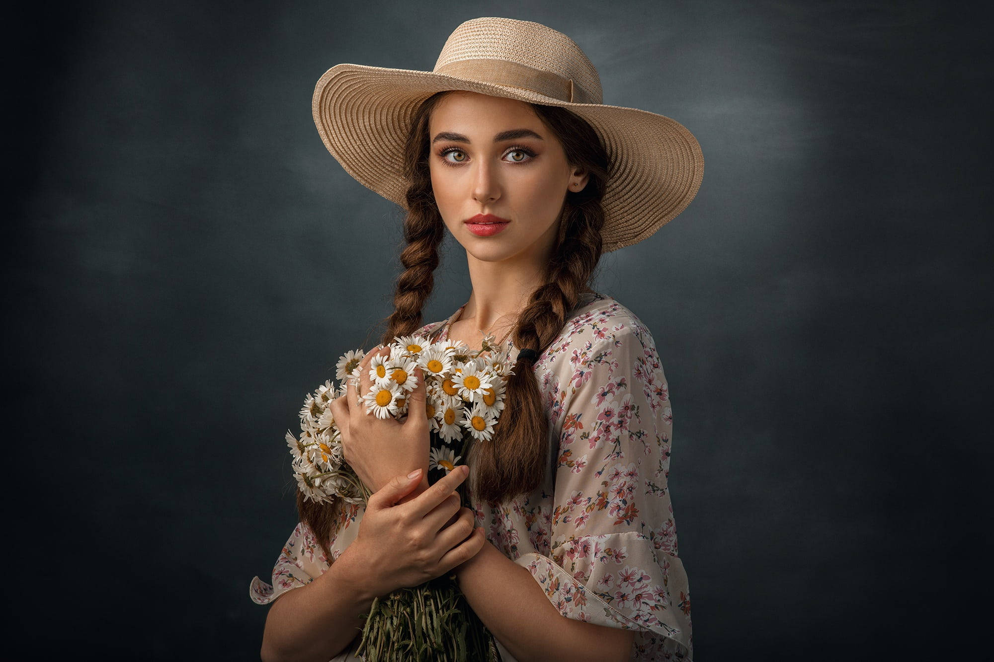 daisy bouquet, braids, straw hat, Full HD Desktop Wallpaper