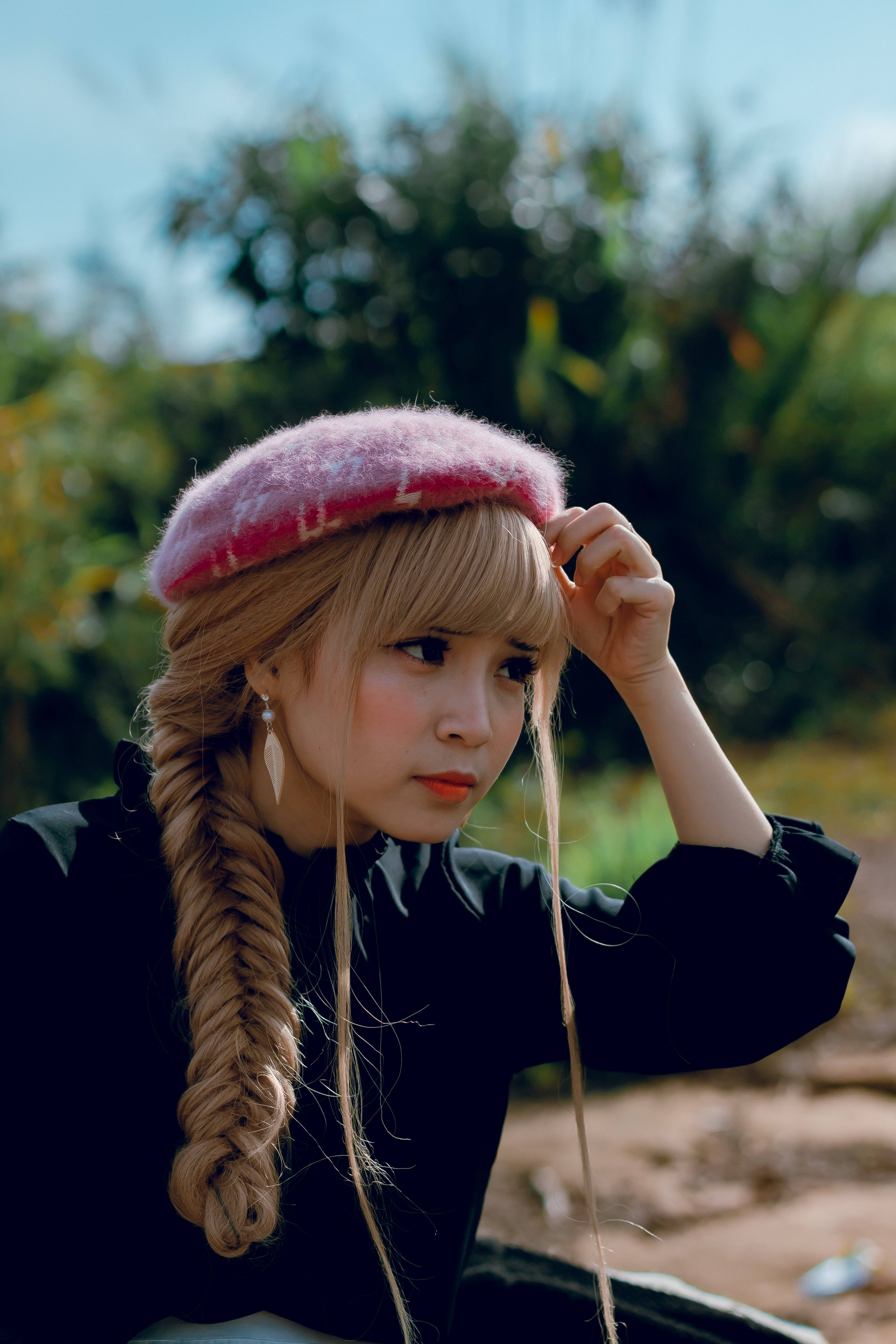 blonde braided hair, pink beret, clear blue sky, 5K Phone Wallpaper