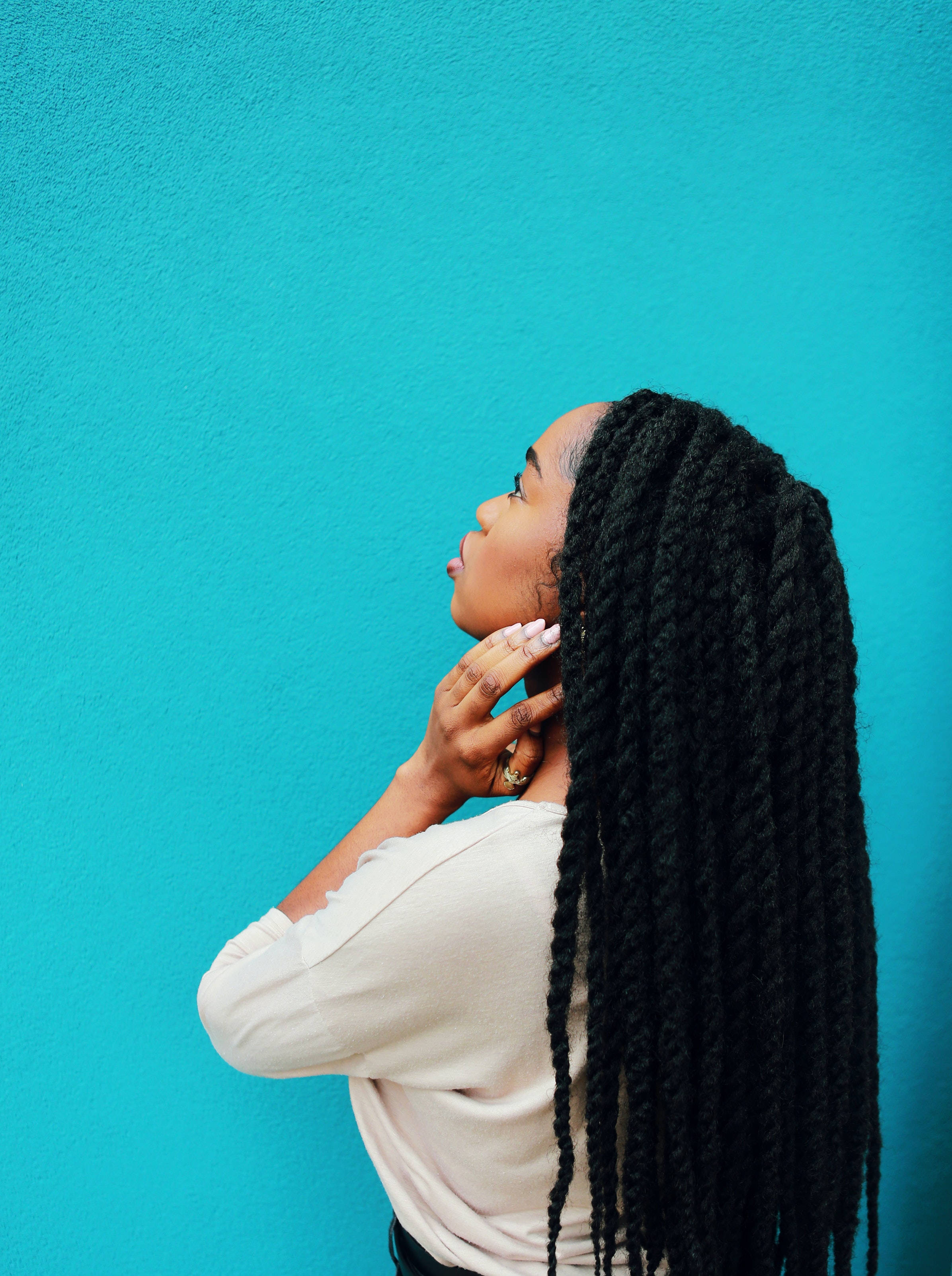 Braids Blue, long black braids, vibrant turquoise wall, 2K Phone Wallpaper