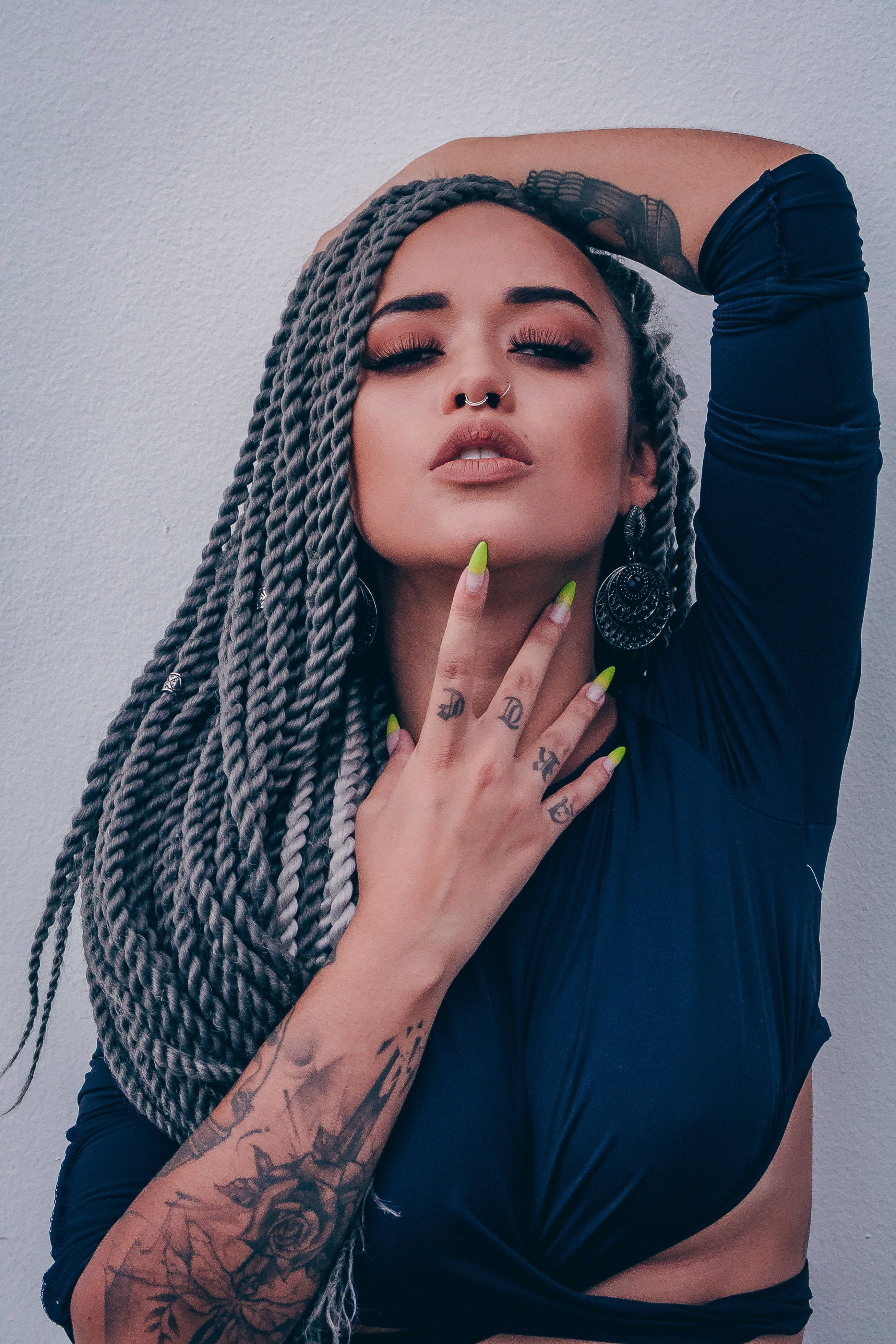 grey braids, green nails, plain wall, 4K Phone Wallpaper