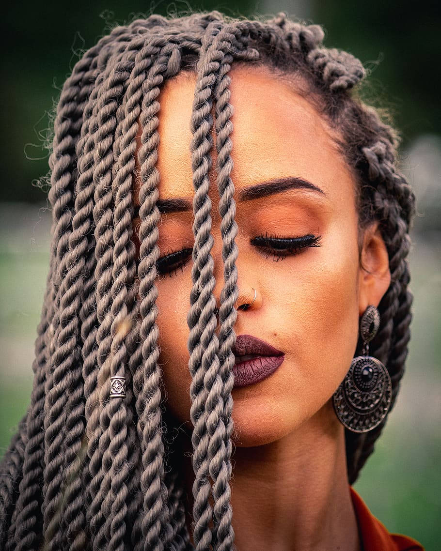 gray braids, bold makeup, eyes half closed, SD Phone Wallpaper