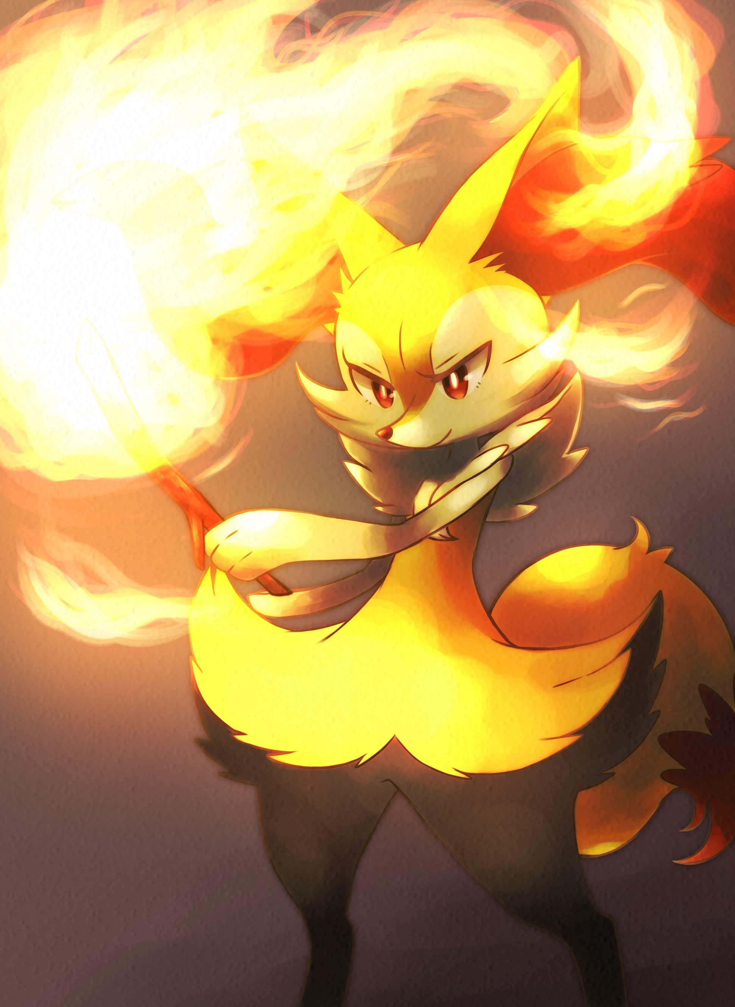 Braixen, fire spin, fiery yellow, 2K Phone Wallpaper