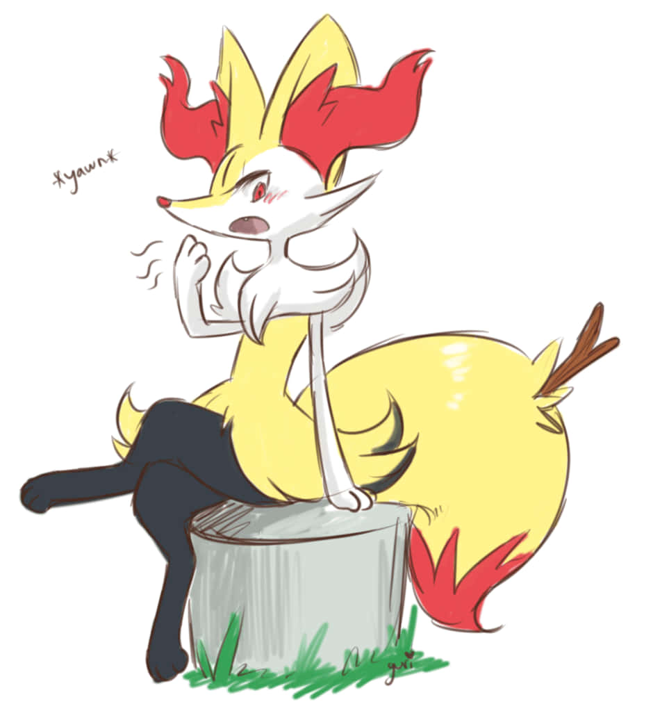 Braixen, yellow and red flame-like ears, tree stump, SD Phone Wallpaper