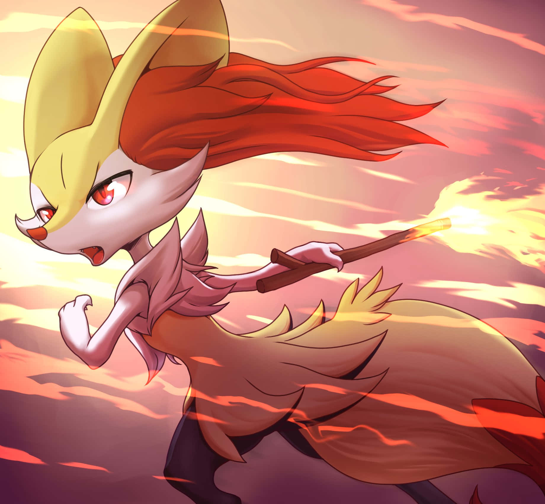Braixen, fire spin attack, sunset sky, HD Desktop Wallpaper