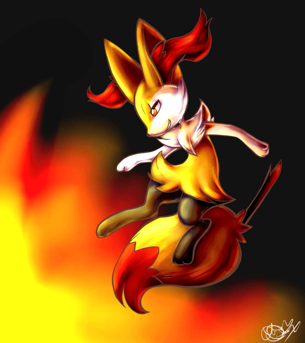 Fiery Braixen, red and yellow fur, glowing orange flames, SD Phone Wallpaper