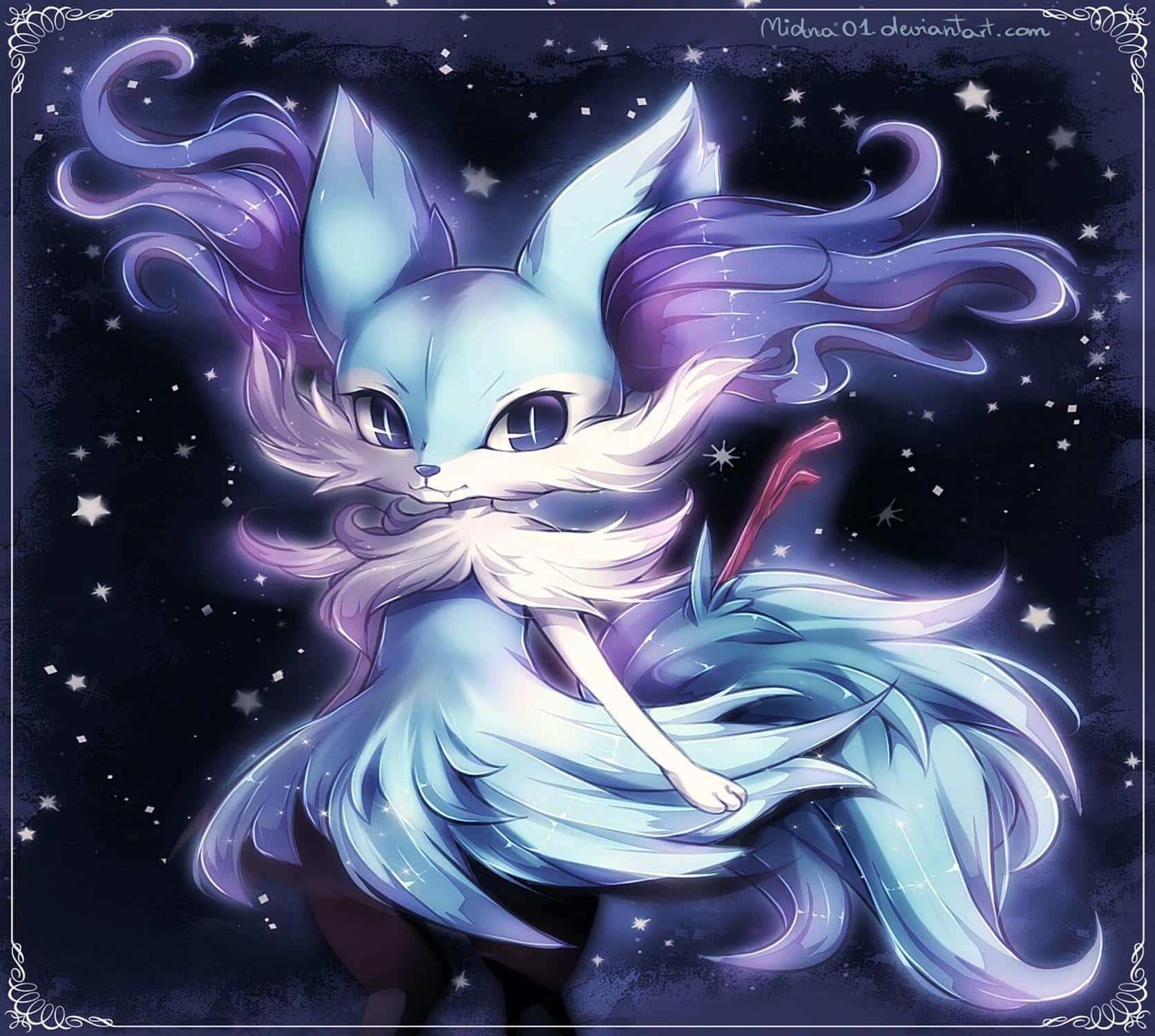 Braixen, glowing blue fox, flowing purple hair, HD Desktop Wallpaper