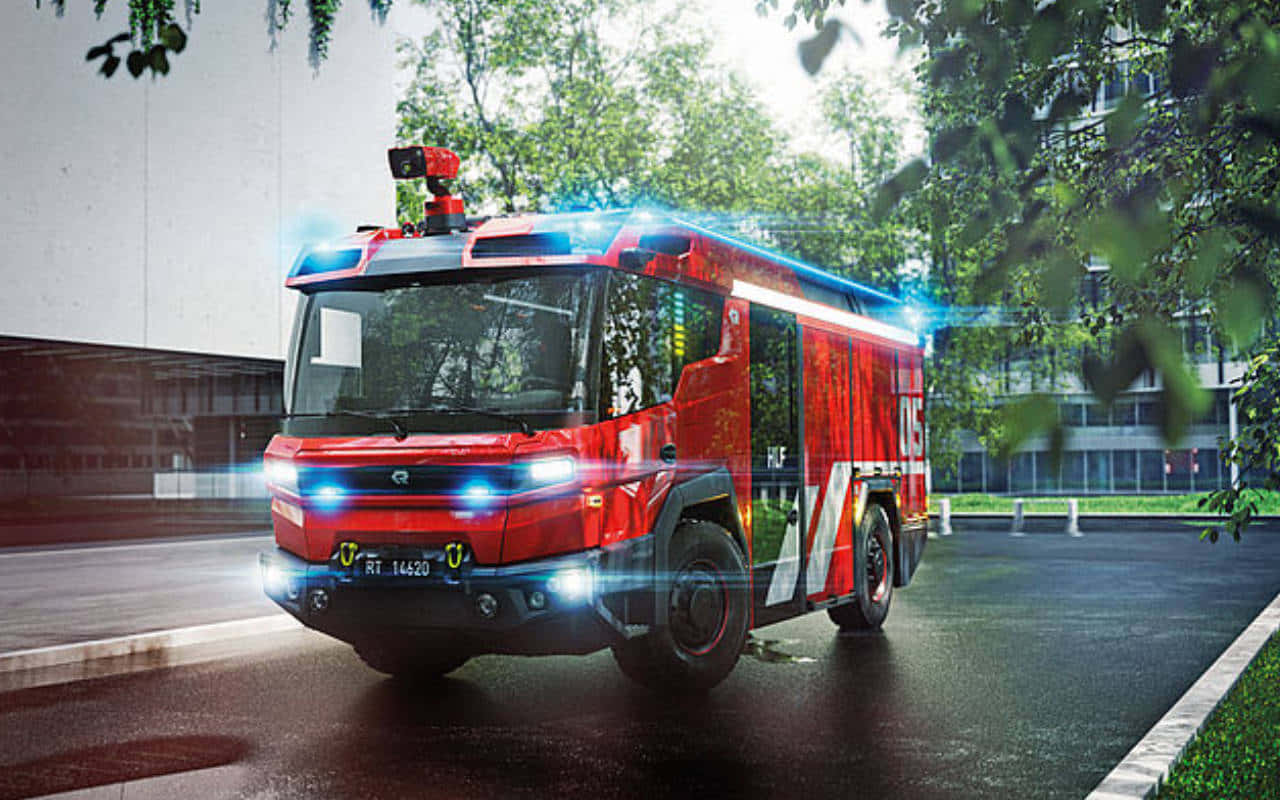 modern red fire truck, flashing blue lights, wet urban street, HD Desktop Wallpaper