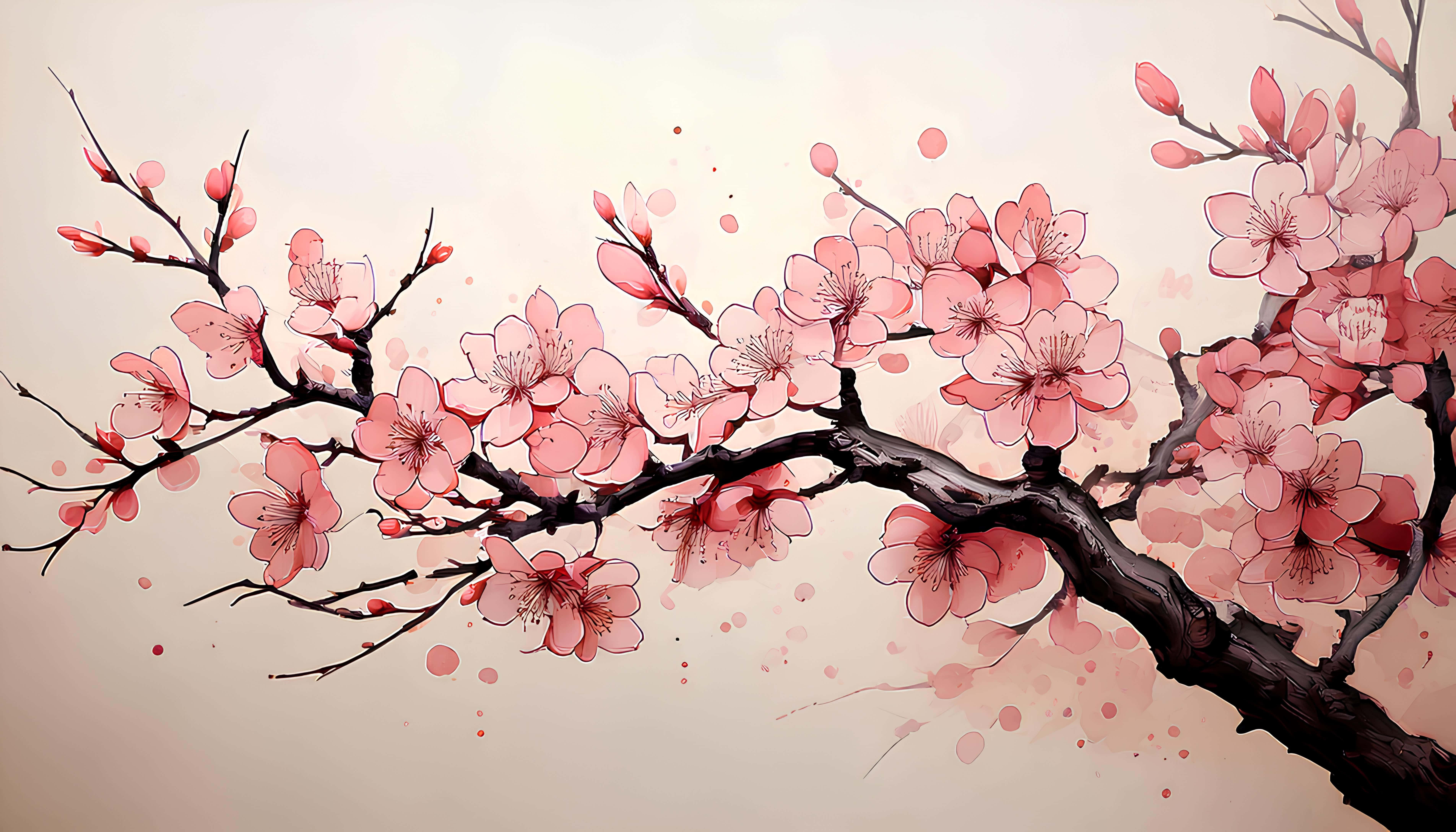 cherry blossom, pink cherry blossoms, soft beige background, 5K Desktop Wallpaper