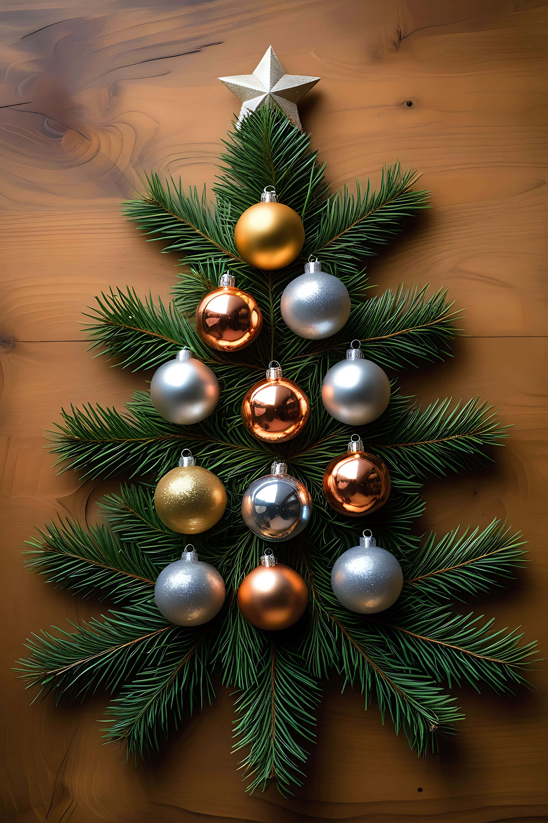 Christmas tree, green pine branches, shiny gold silver and copper ornaments, 2K Phone Wallpaper