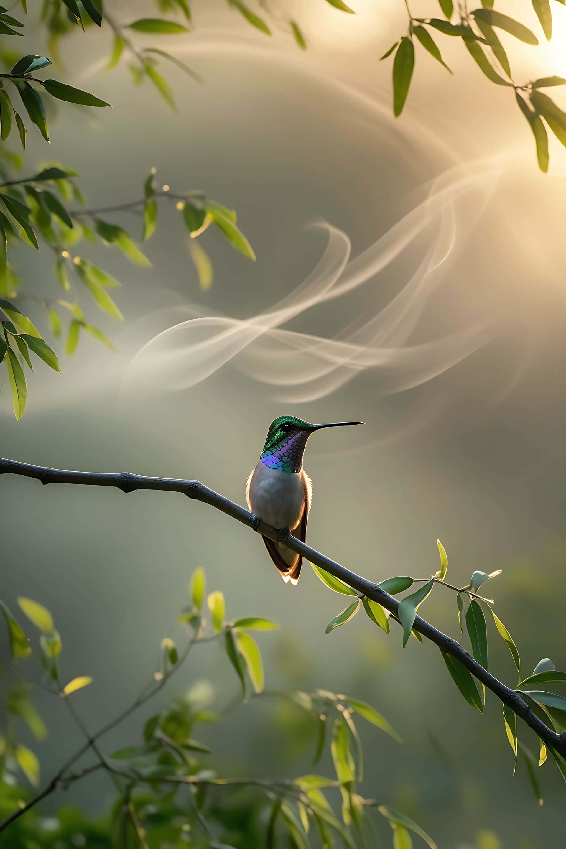 hummingbird, branch, sunlight, 2K Phone Wallpaper