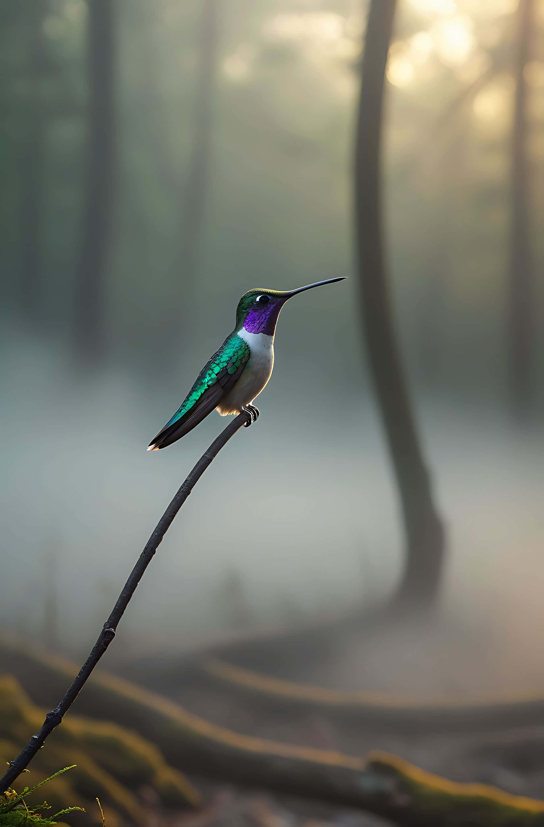 hummingbird, branch, misty forest, 2K Phone Wallpaper