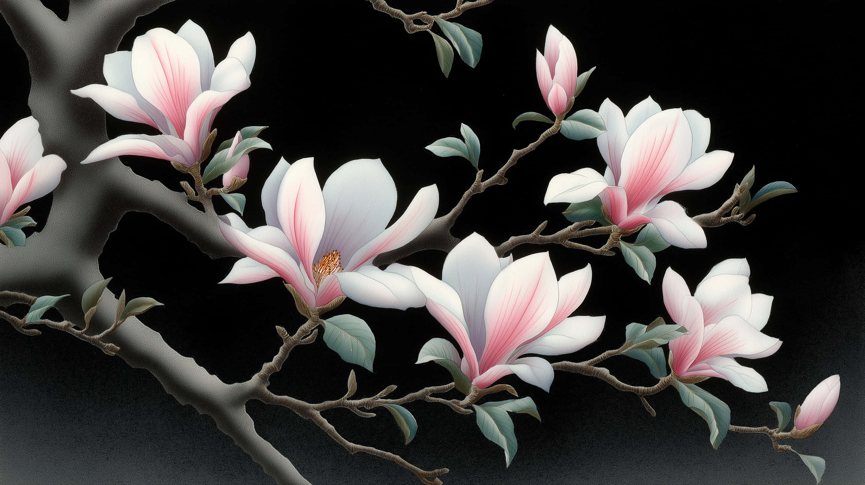 magnolia, pink and white petals, dark branches, 2K Desktop Wallpaper