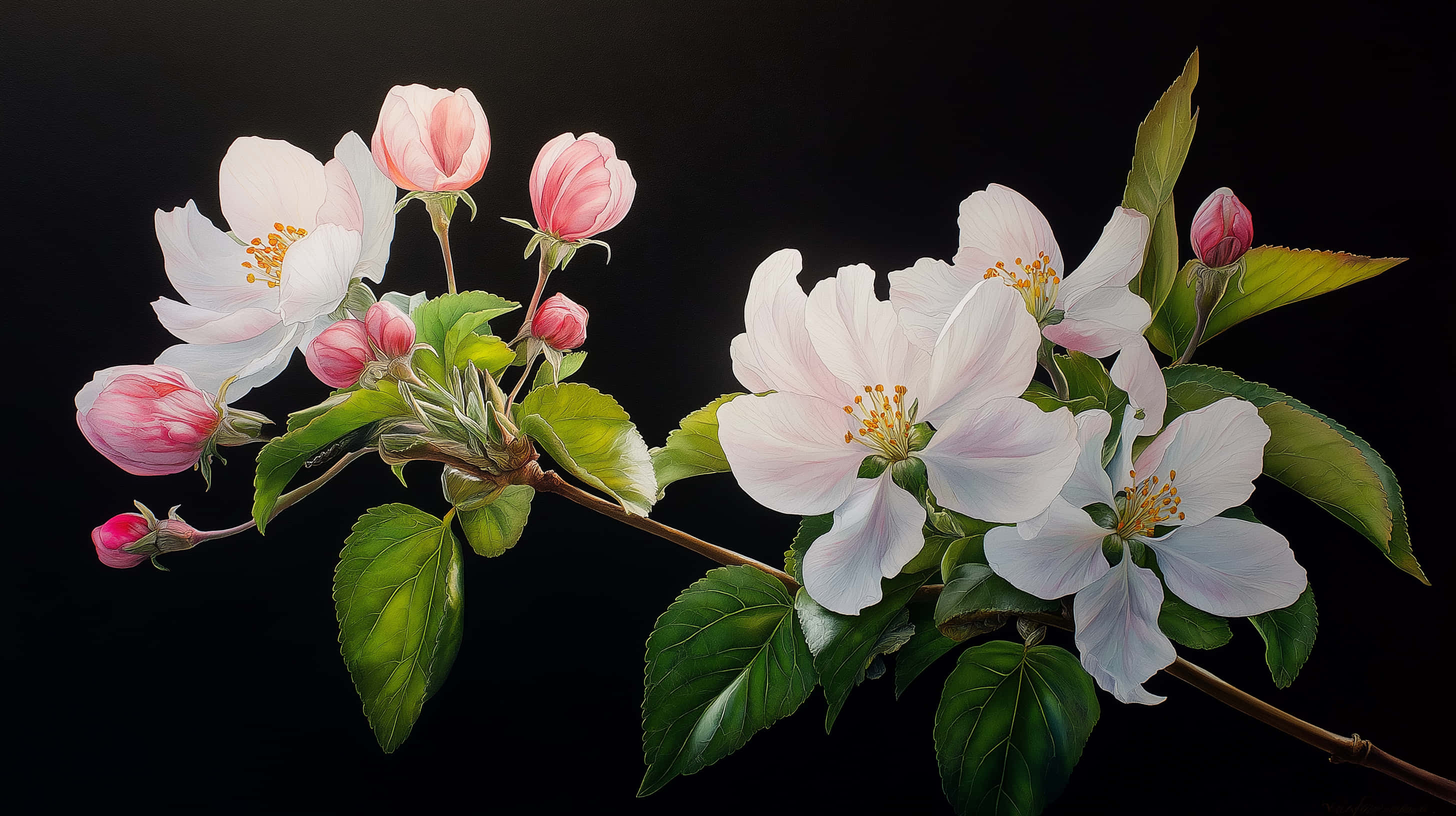 white and pink apple blossoms, green leaves, stark black background, 2K Desktop Wallpaper
