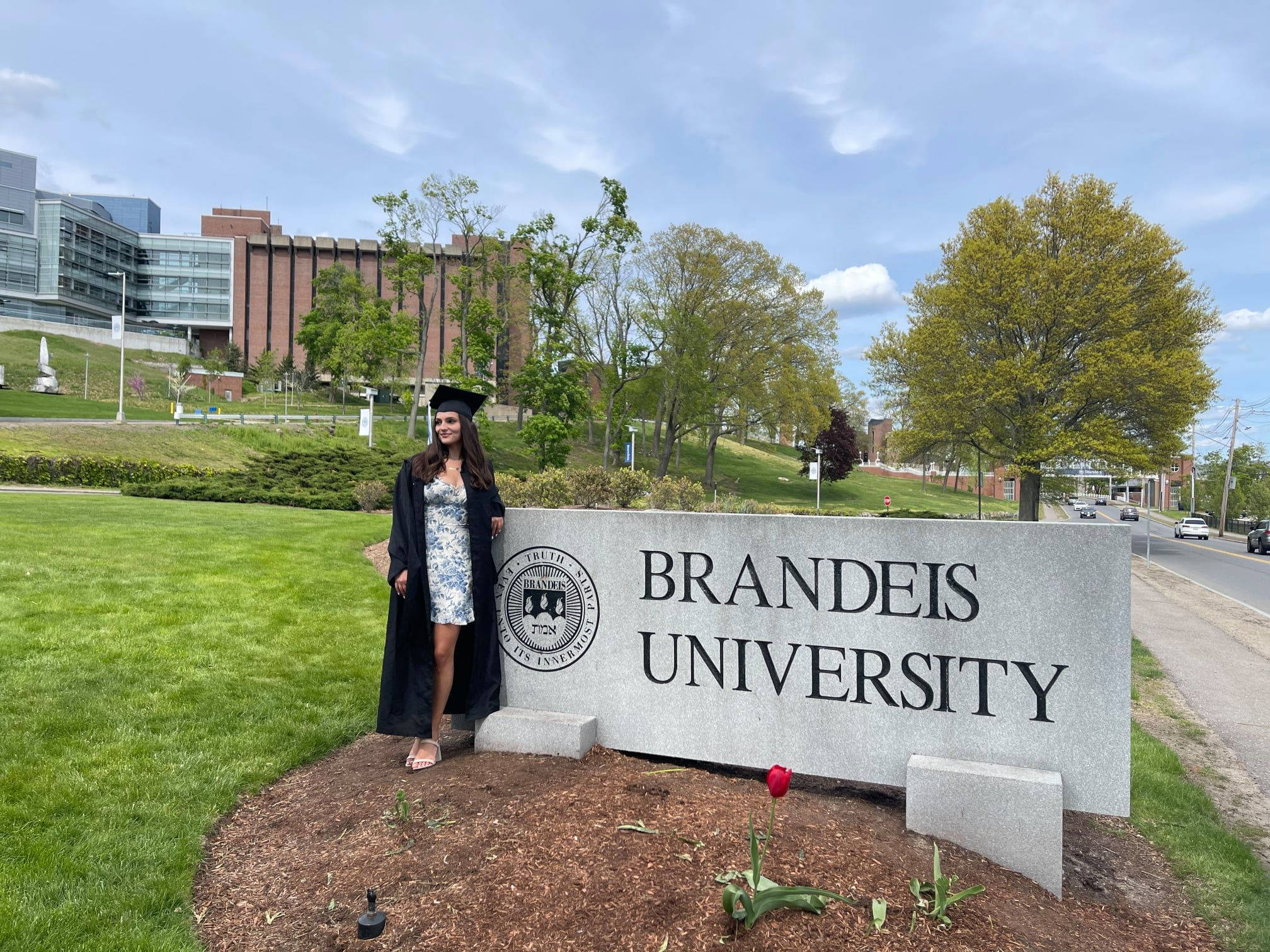 Brandeis University, stone sign, cap and gown, Full HD Desktop Wallpaper
