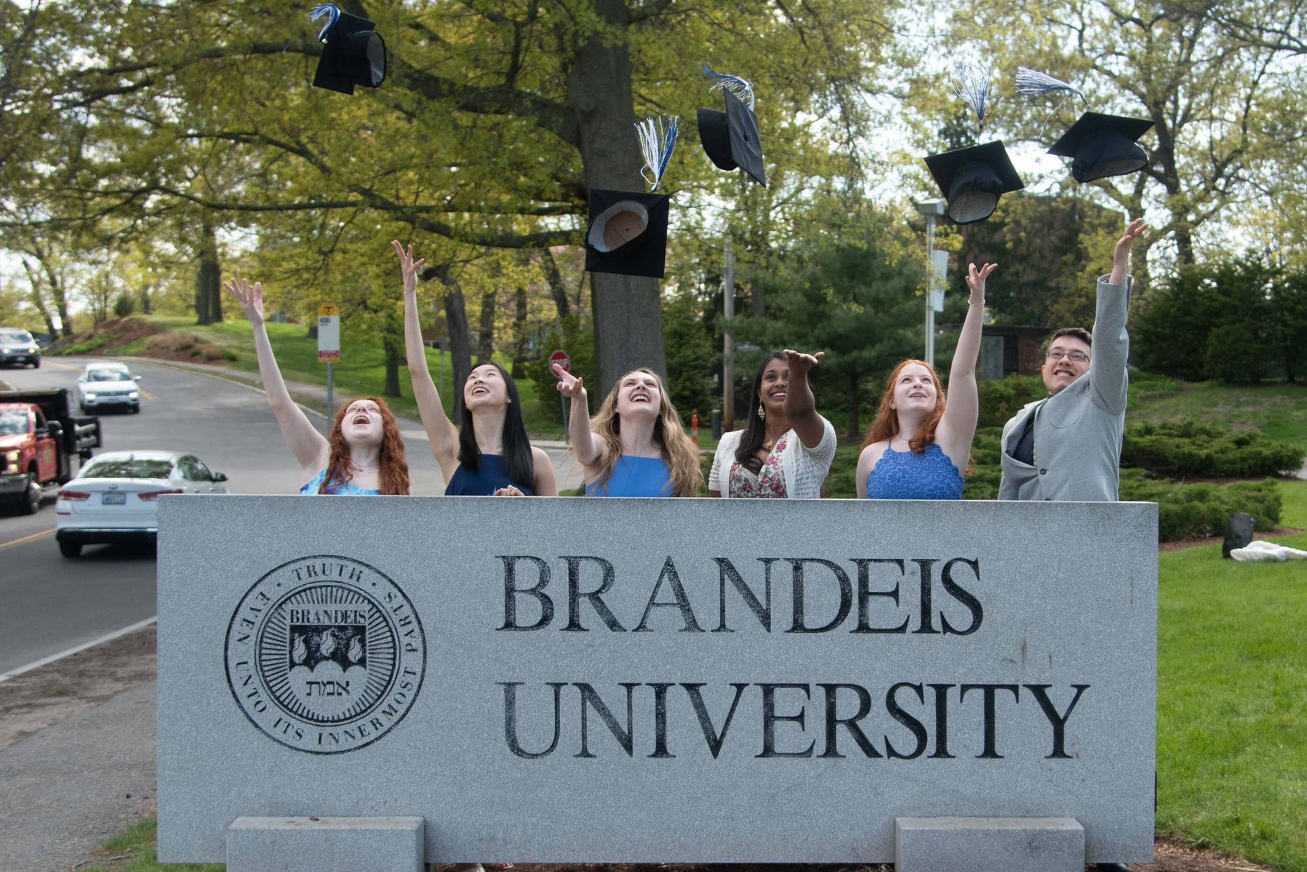 Brandeis University, stone sign, sunny campus day, HD Desktop Wallpaper