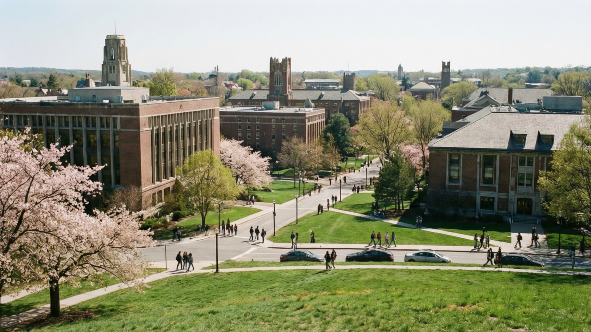 Brandeis University, cherry trees, brick buildings, Full HD Desktop Wallpaper