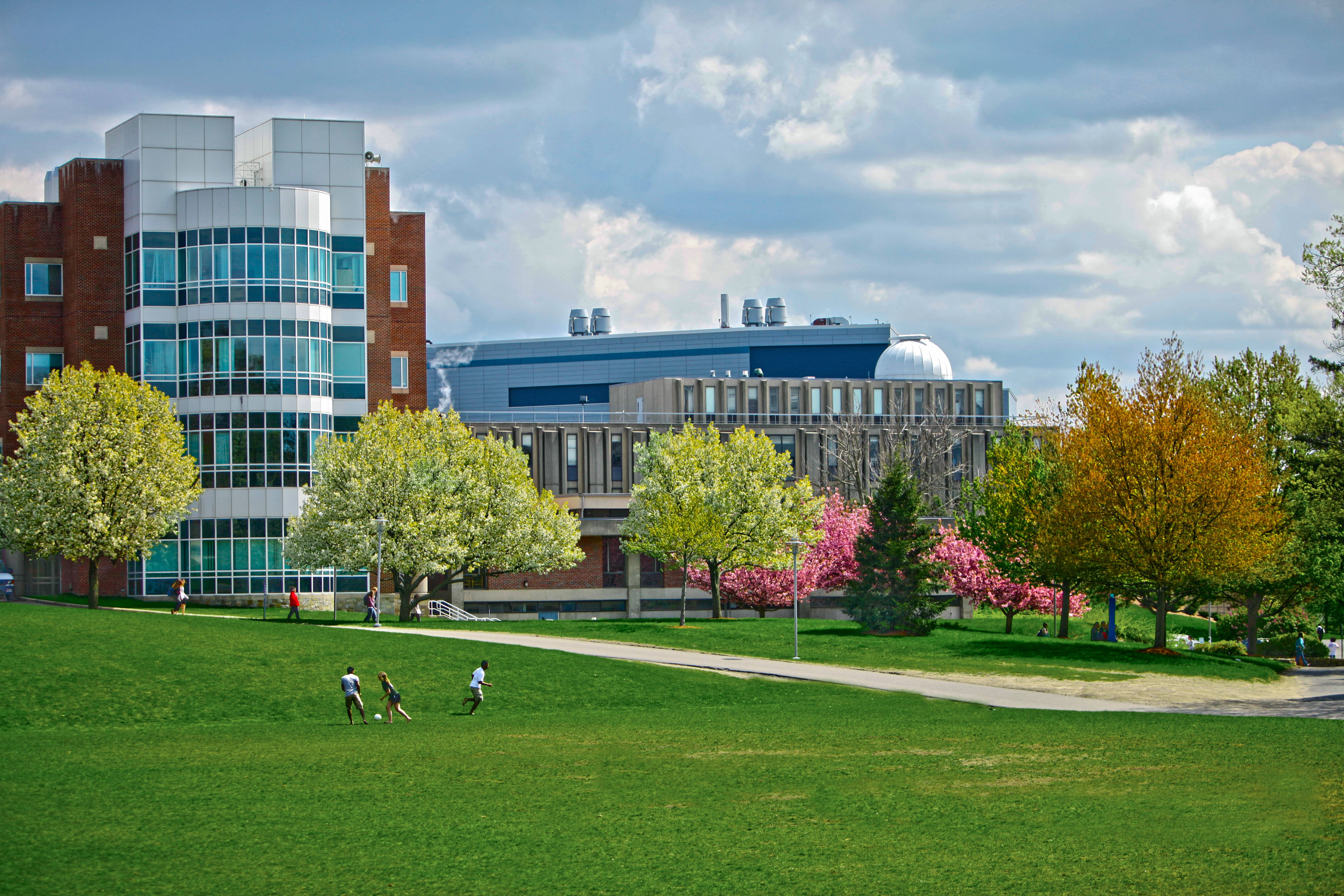 Brandeis University, vibrant green lawn, partly cloudy sky, 5K Desktop Wallpaper