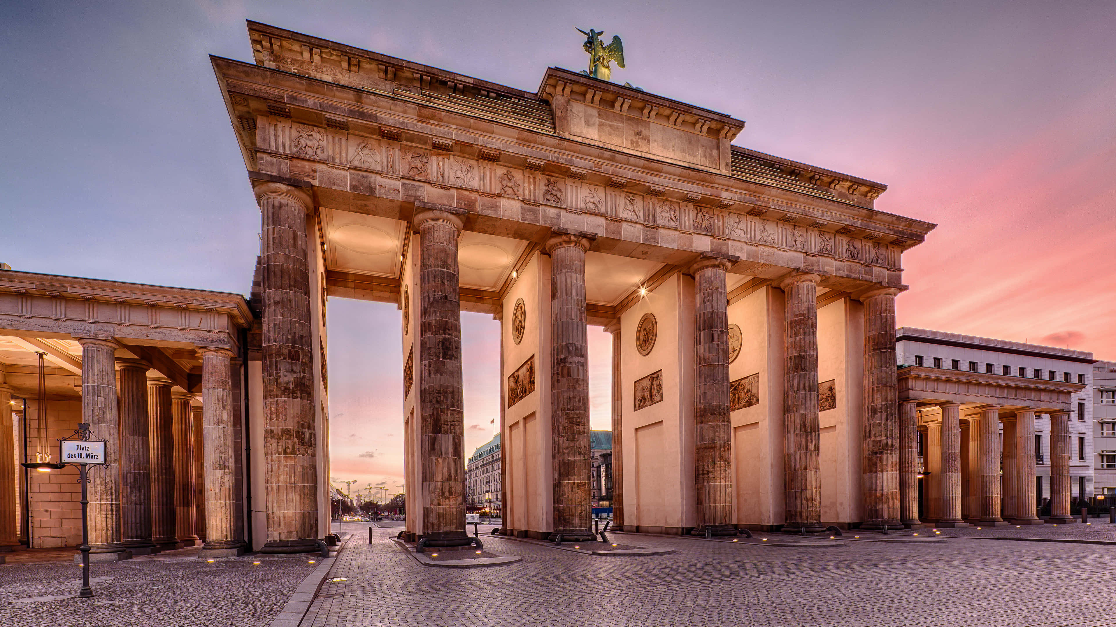Brandenburg Gate, pink sky, blue sky, 4K Desktop Wallpaper