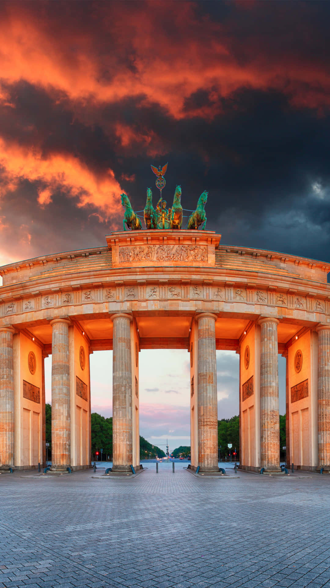 Brandenburg Gate, dark orange sky, sunset glow, Full HD Phone Wallpaper