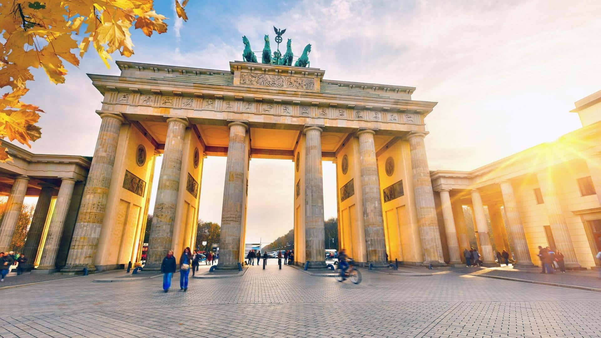 Brandenburg Gate, golden sunset light, autumn leaves, Full HD Desktop Wallpaper