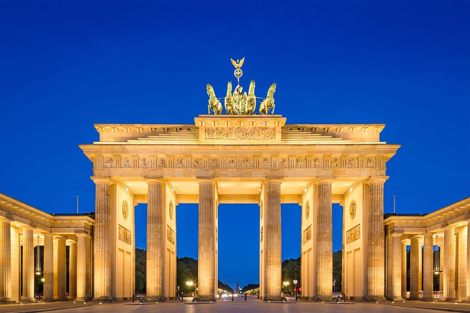 Brandenburg Gate, warm golden light, deep blue twilight sky, HD Desktop Wallpaper