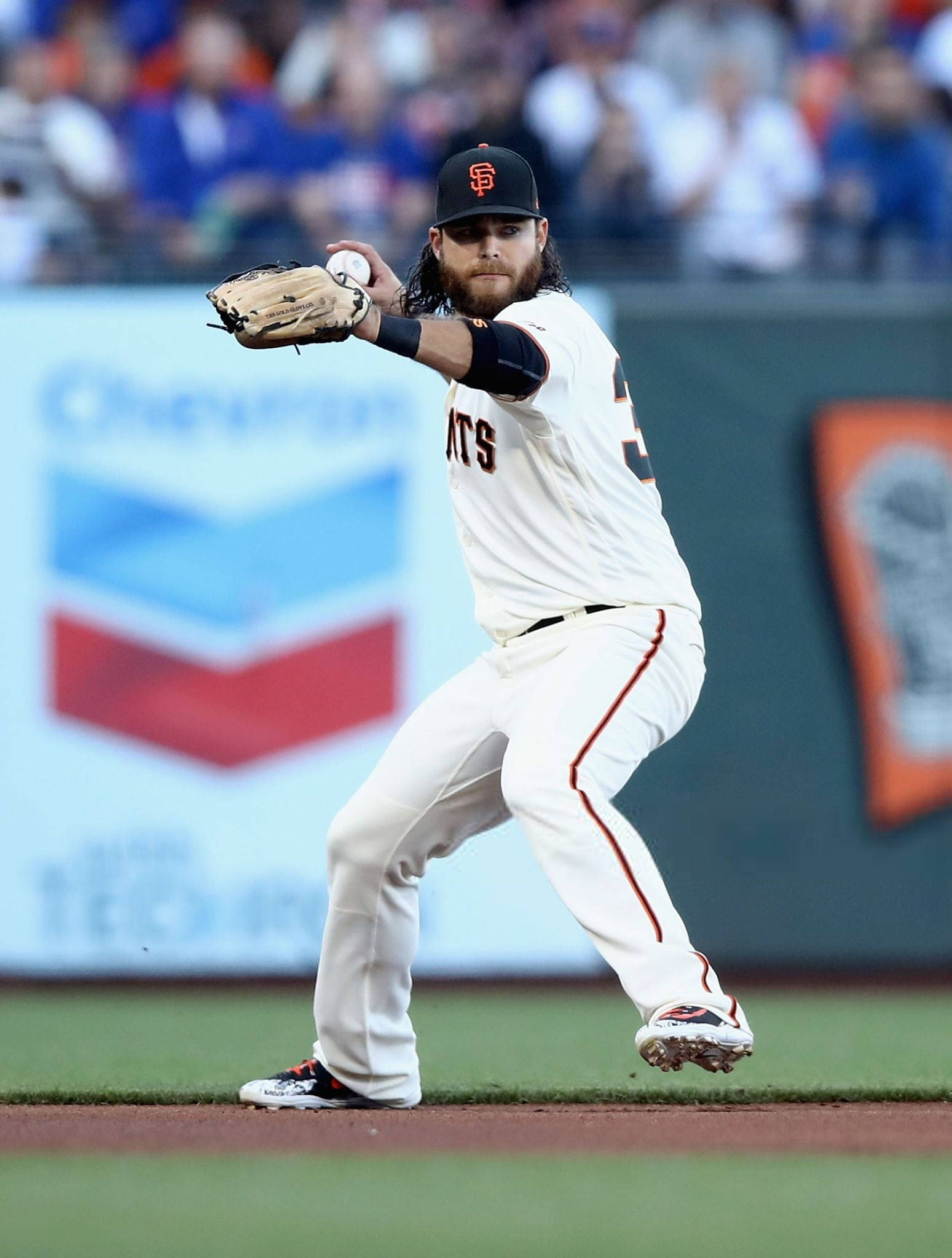 Brandon Crawford, white uniform with red trim, green field, Full HD Phone Wallpaper