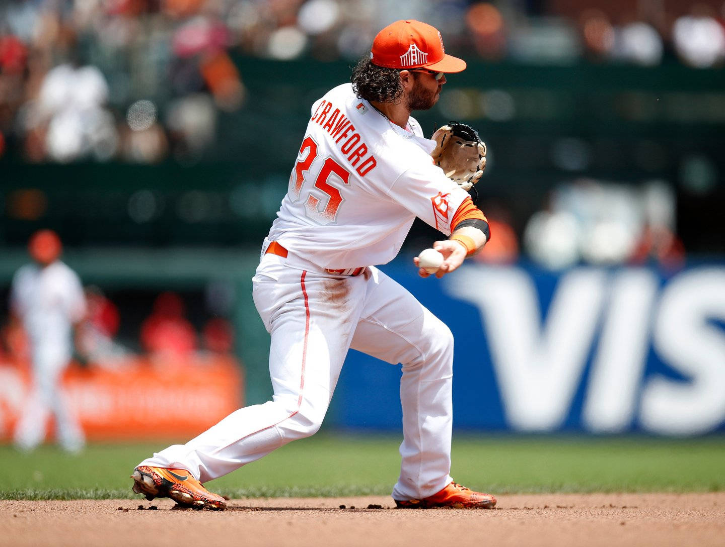 Brandon Crawford, white and orange uniform, sunlit field, HD Desktop Wallpaper
