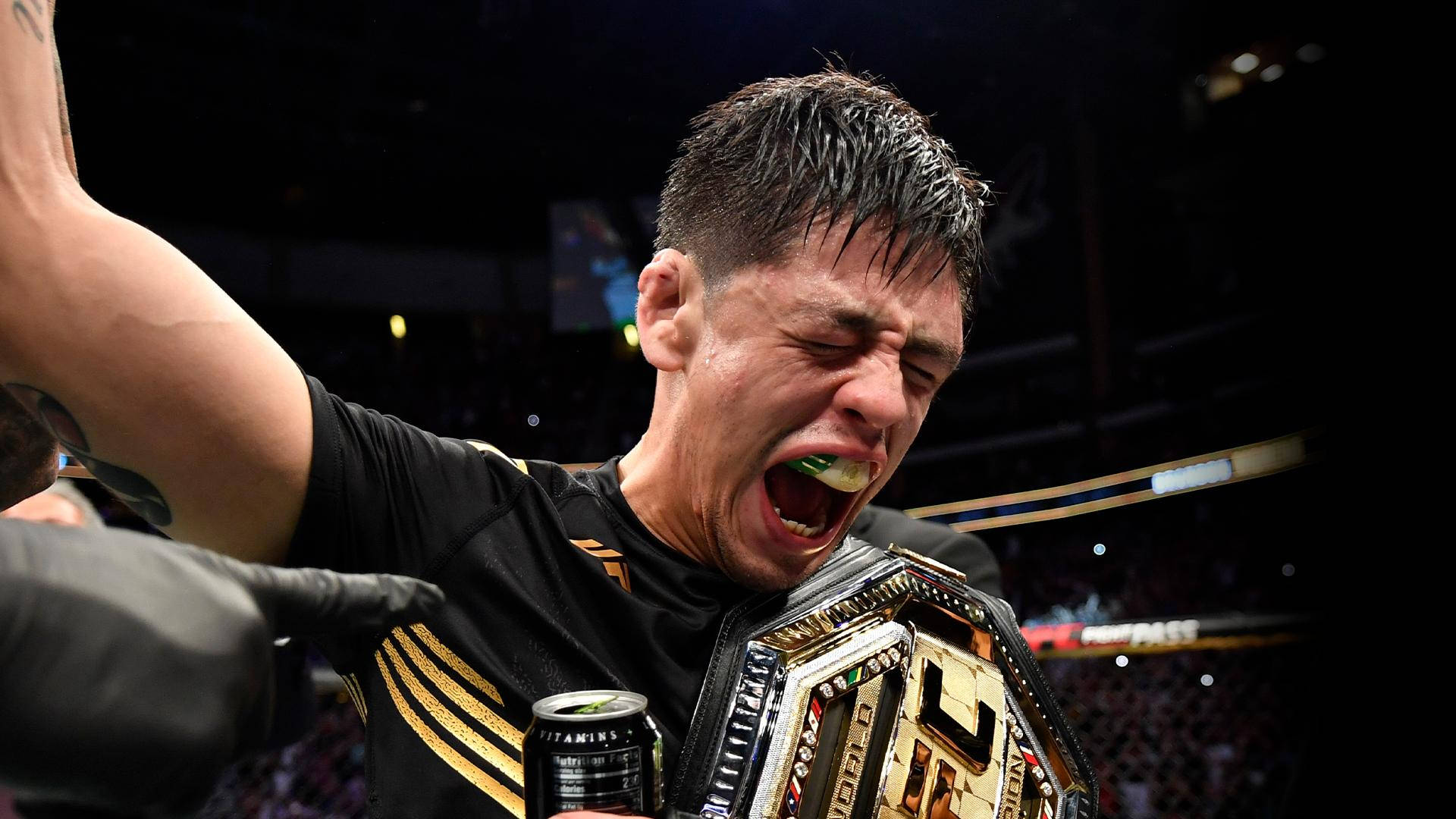 Brandon Moreno, championship belt, can of vitamin water, Full HD Desktop Wallpaper