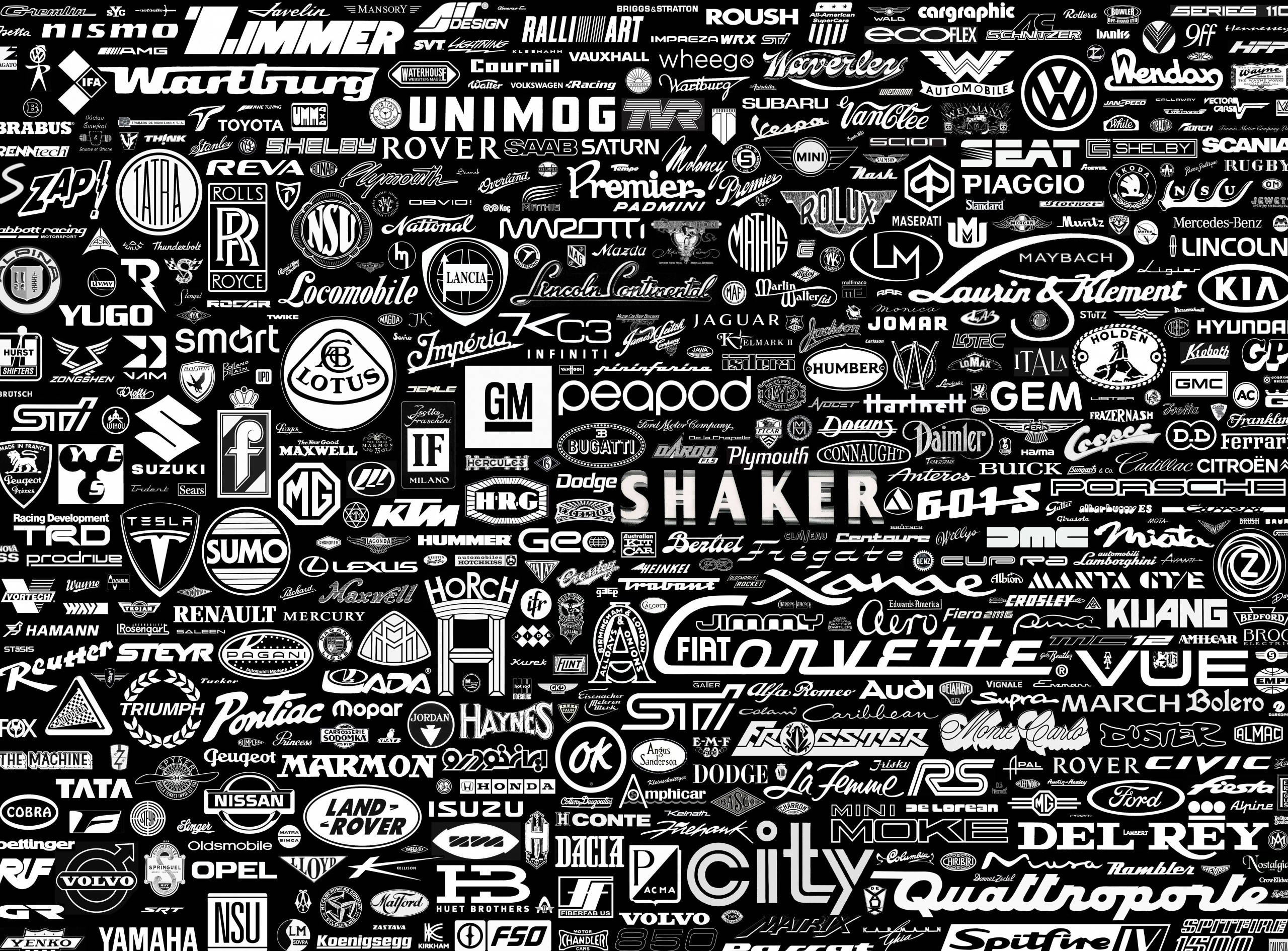 car manufacturer logos, racing brand emblems, black and white collage, 2K Desktop Wallpaper