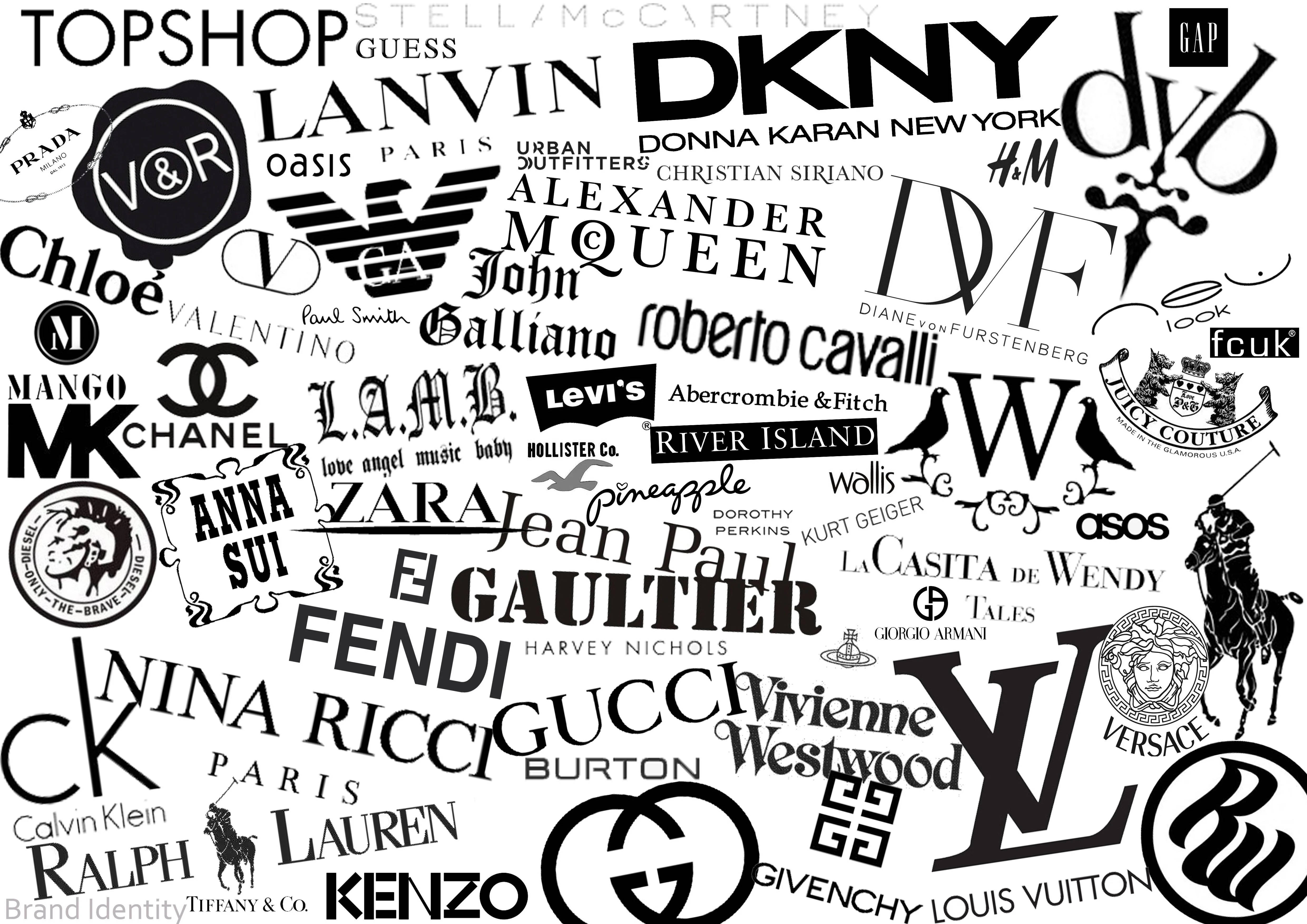 Famous Fashion Brands, black and white typography, logo, 4K Desktop Wallpaper