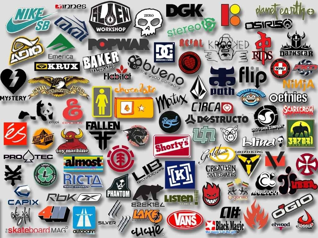 skateboard brand logos, stickers, light gray background, SD Desktop Wallpaper