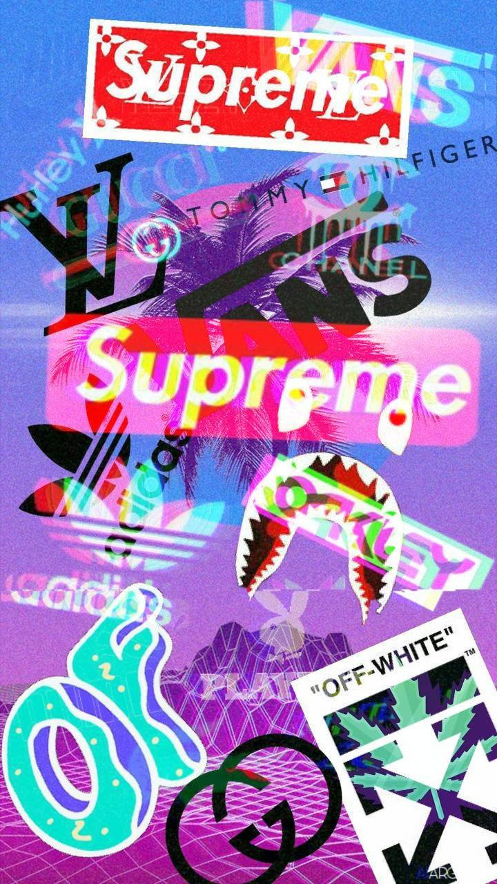 luxury brand logos, streetwear graphics, neon gradient background, HD Phone Wallpaper