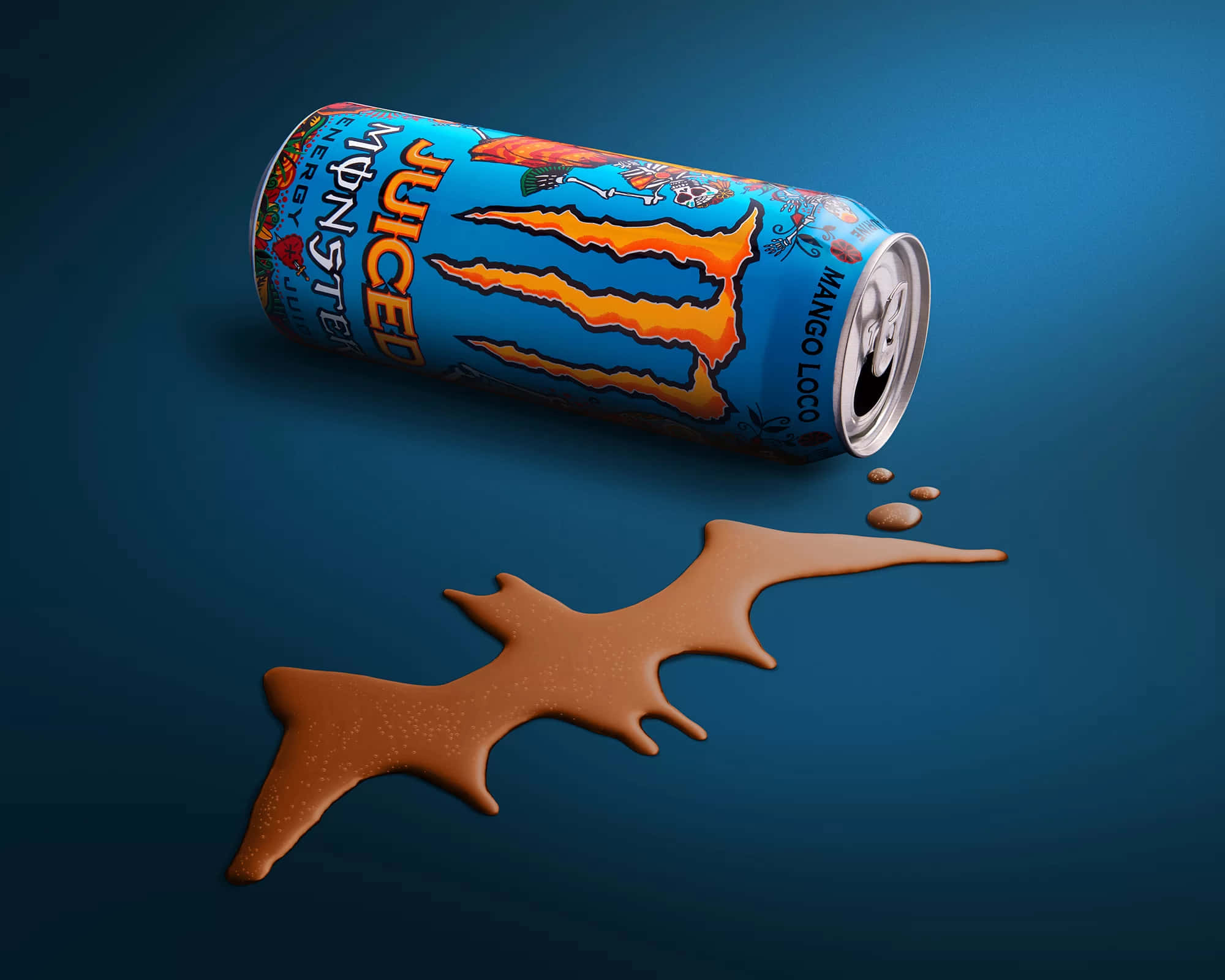 Monster Juiced Mango Loco, blue Monster Juiced Mango Loco energy can, brown liquid, Full HD Desktop Wallpaper