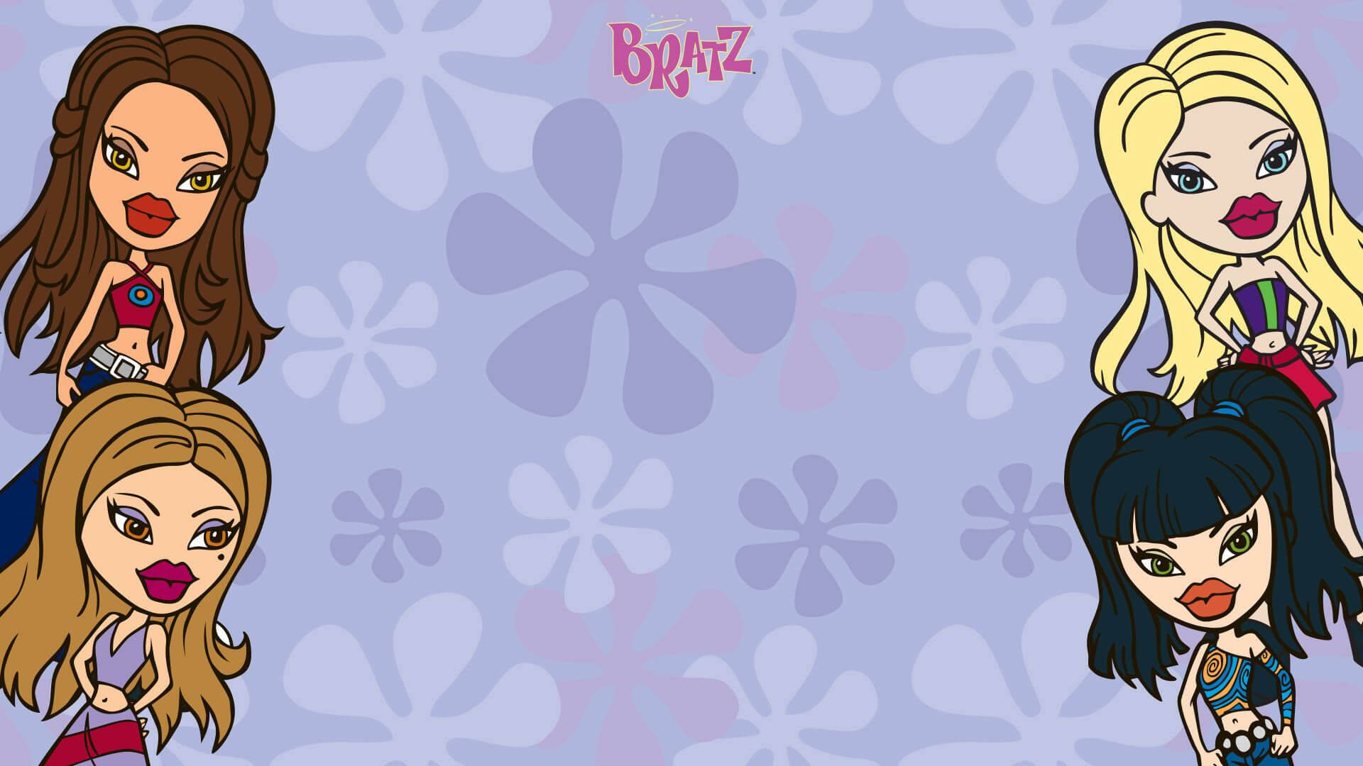 Bratz, purple floral patterned background, bold makeup, Full HD Desktop Wallpaper