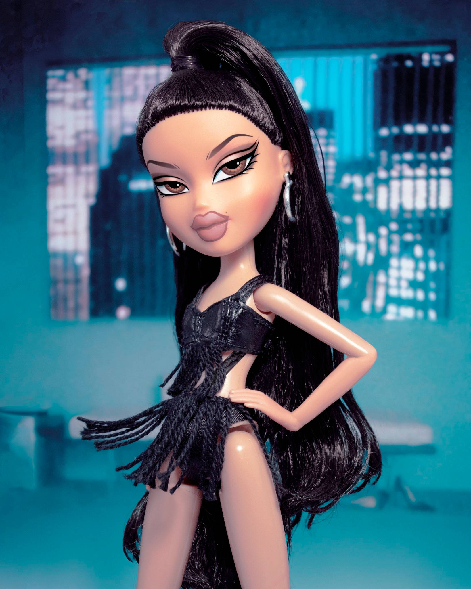 Bratz, black fringed outfit, teal cityscape, Full HD Phone Wallpaper