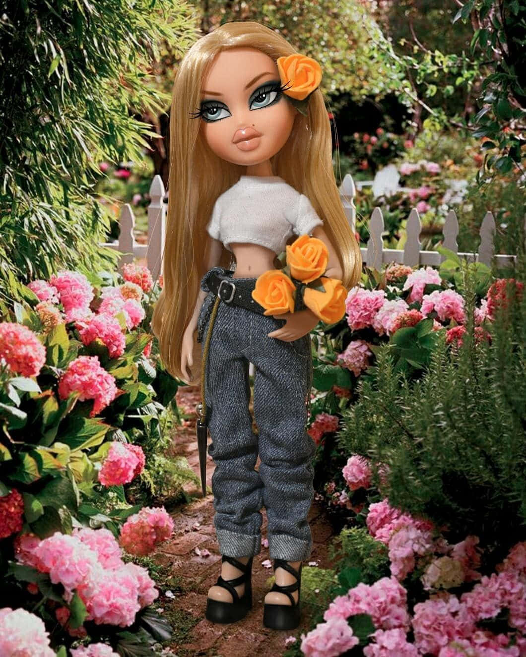 Bratz doll, long blonde hair, orange roses, HD Phone Wallpaper