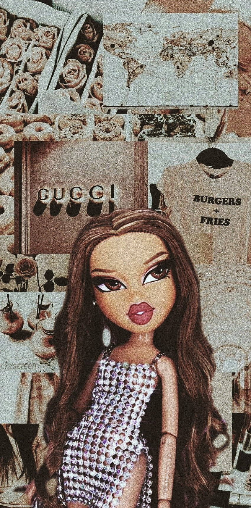 Bratz Dolls, sparkling dress, collage of luxury items, HD Phone Wallpaper