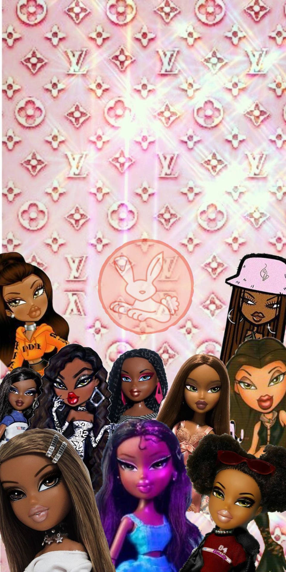 Bratz Dolls, pink Louis Vuitton monogram pattern, glittering light effects, Full HD Phone Wallpaper