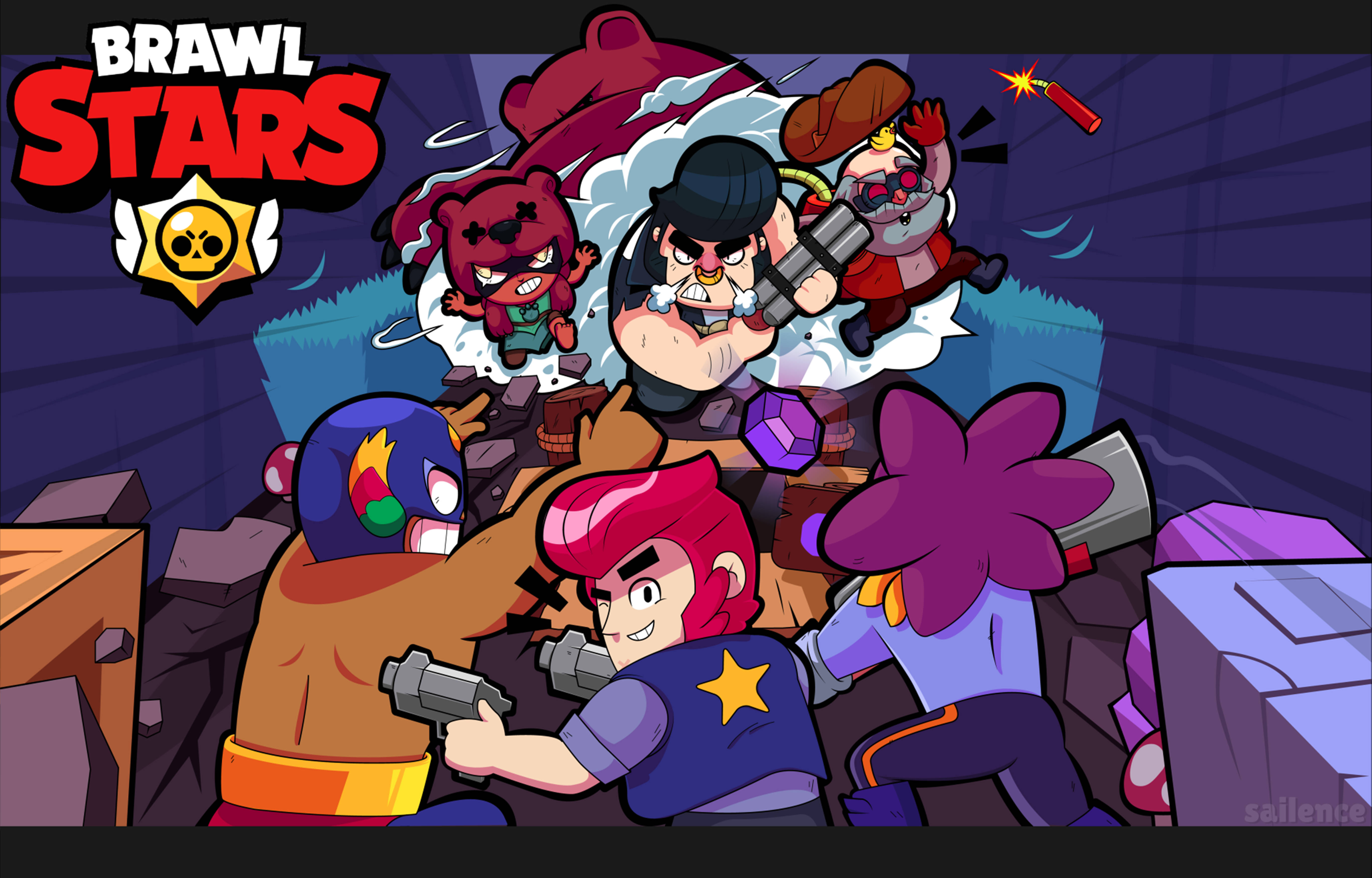 Brawl Stars, cartoon characters, chaotic indoor arena, 5K Desktop Wallpaper