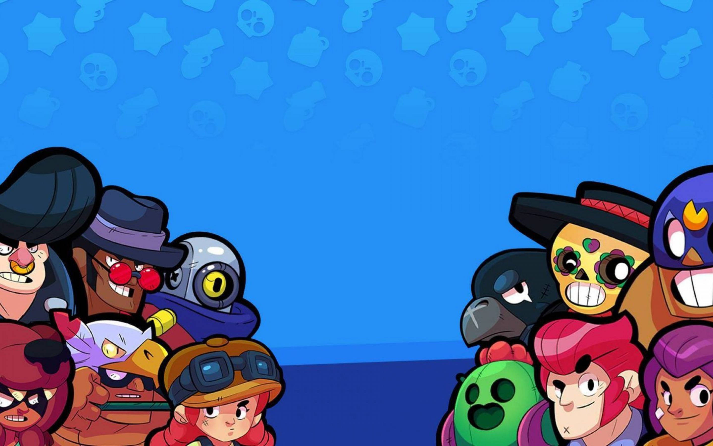 Brawl Stars, cartoon characters, blue background, 2K Desktop Wallpaper
