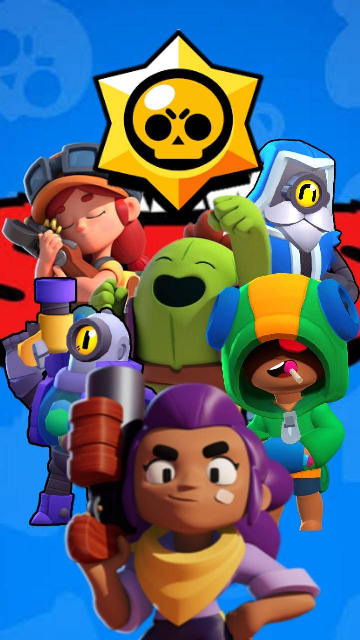 Brawl Stars, vibrant cartoon characters, bold blue background, SD Phone Wallpaper