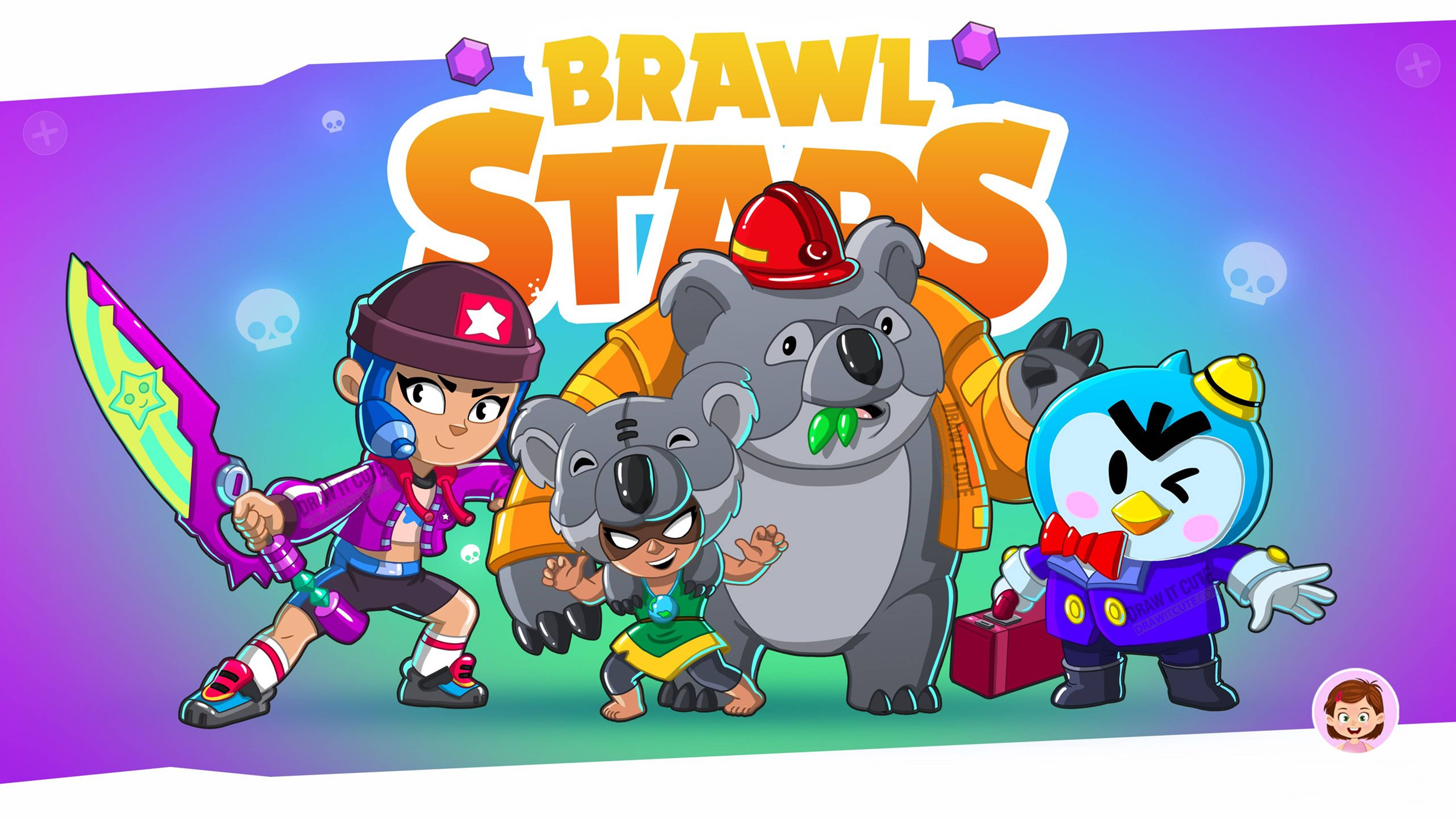 Brawl Stars, vibrant cartoon characters, purple gradient background, 5K Desktop Wallpaper