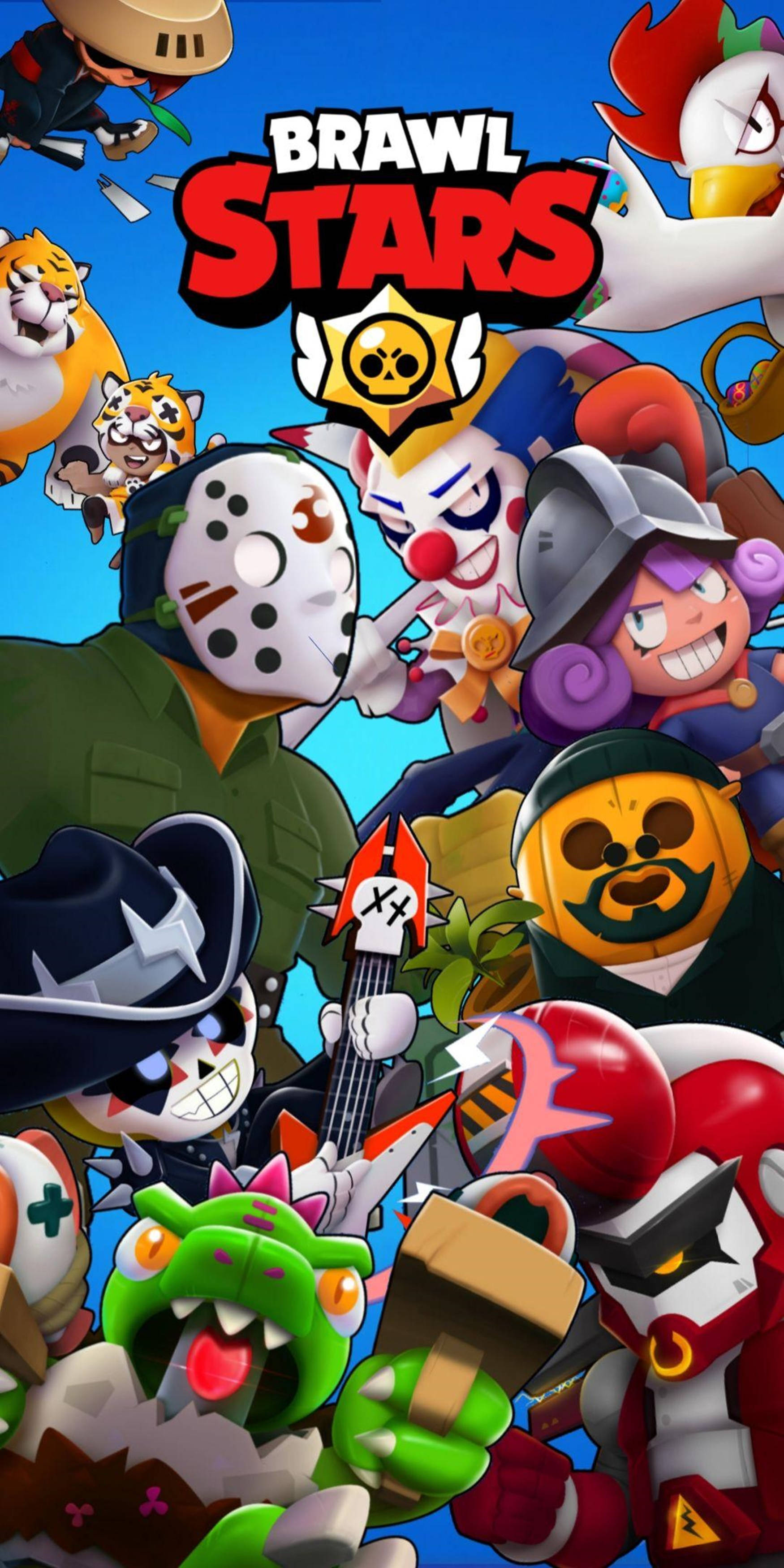 Brawl Stars, Vibrant cartoon characters, bright blue sky, 2K Phone Wallpaper