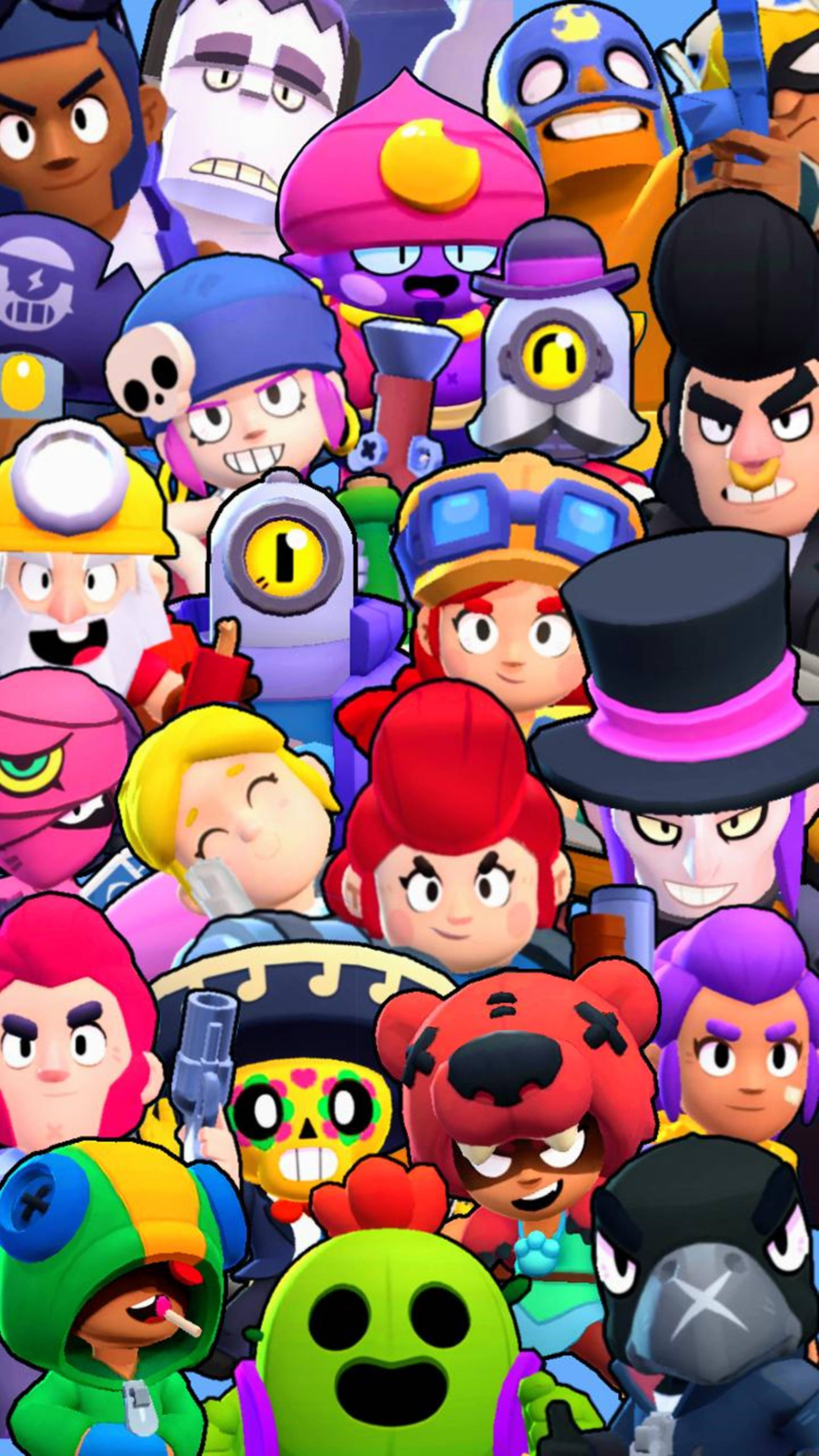 Brawl Stars, colorful cartoon characters, vibrant crowd, 2K Phone Wallpaper
