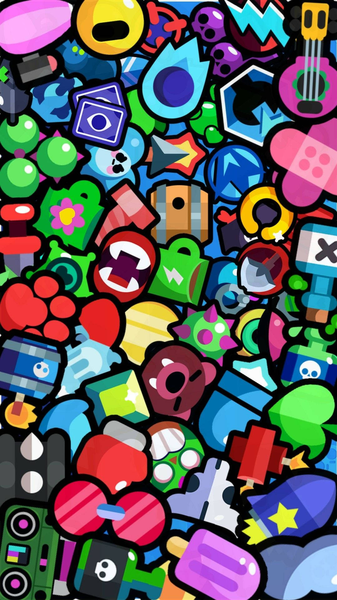 Brawl Stars, colorful cartoon icons, game elements, Full HD Phone Wallpaper