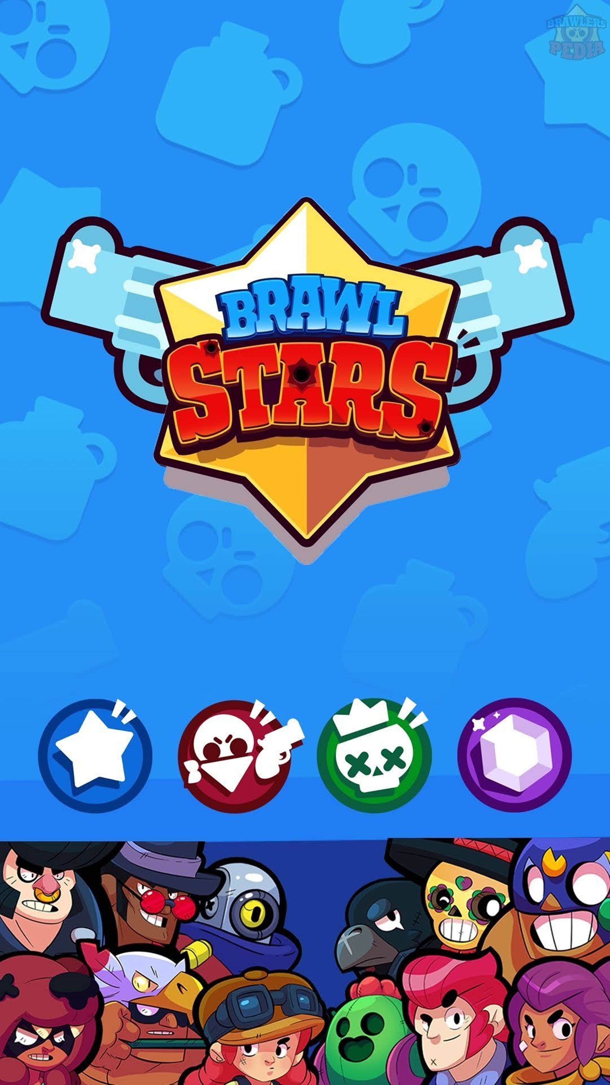 Brawl Stars, blue background, colorful character icons, 2K Phone Wallpaper